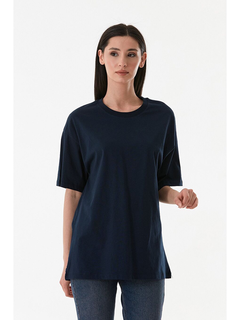 Fullamoda Lacivert Basic Oversize Bisiklet Yaka Tişört