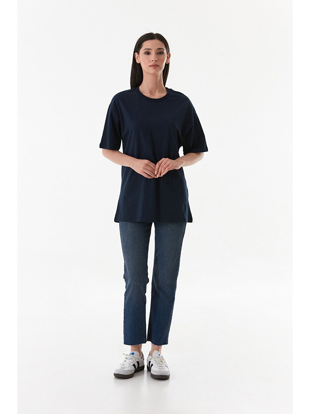 Fullamoda Lacivert Basic Oversize Bisiklet Yaka Tişört - 1