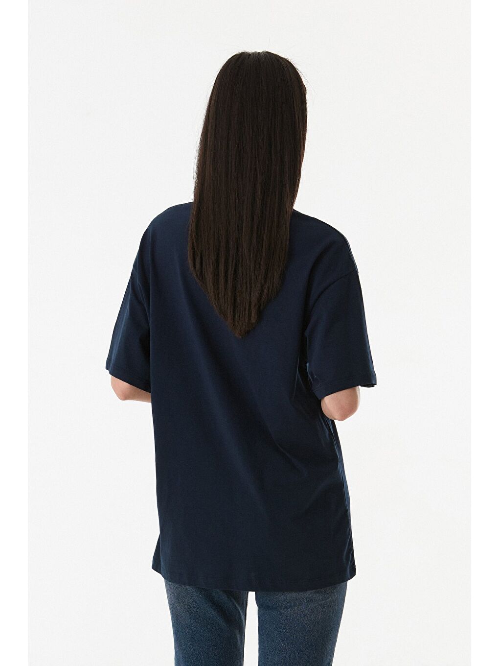 Fullamoda Lacivert Basic Oversize Bisiklet Yaka Tişört - 3