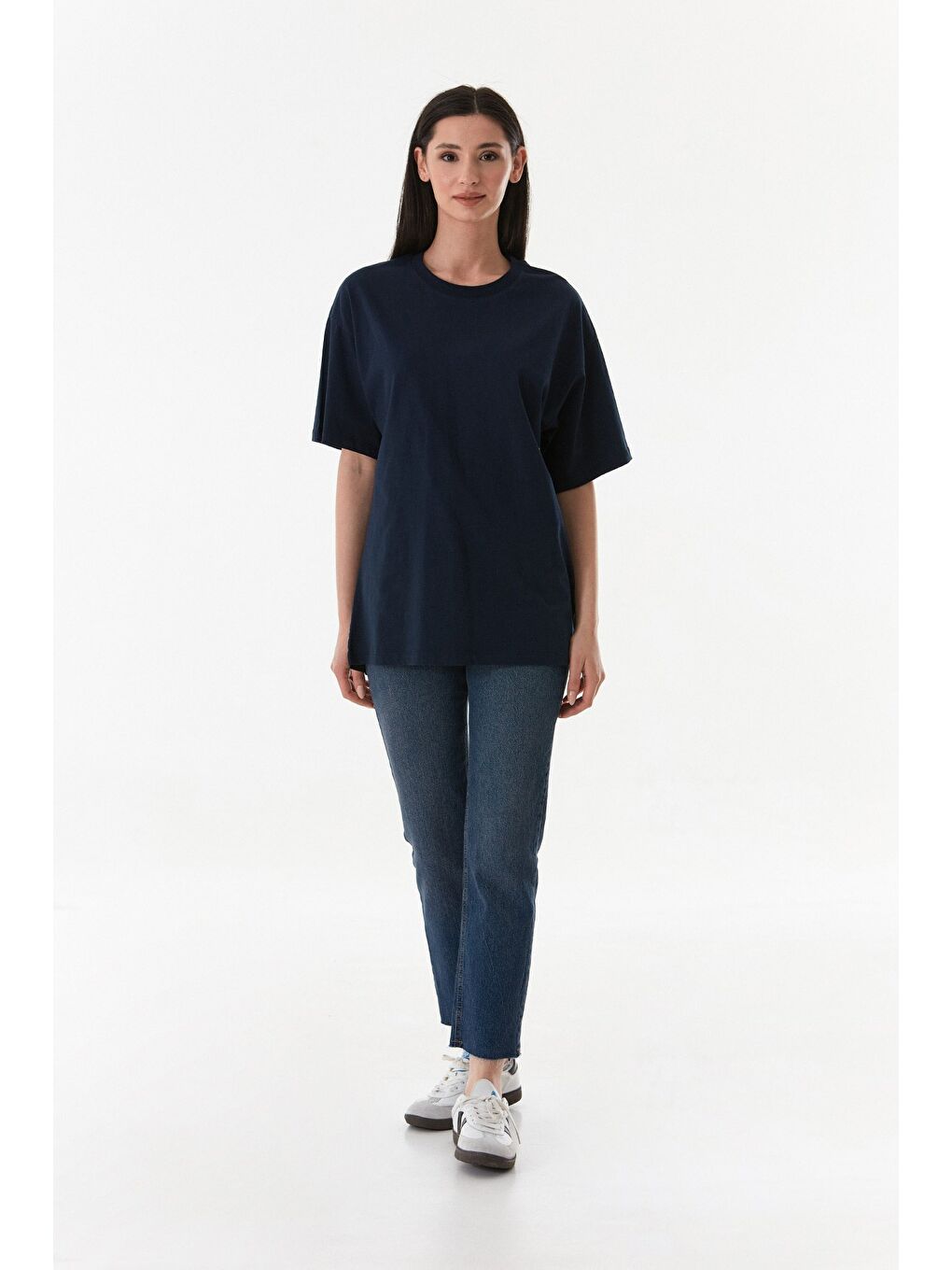 Fullamoda Lacivert Basic Oversize Bisiklet Yaka Tişört - 4