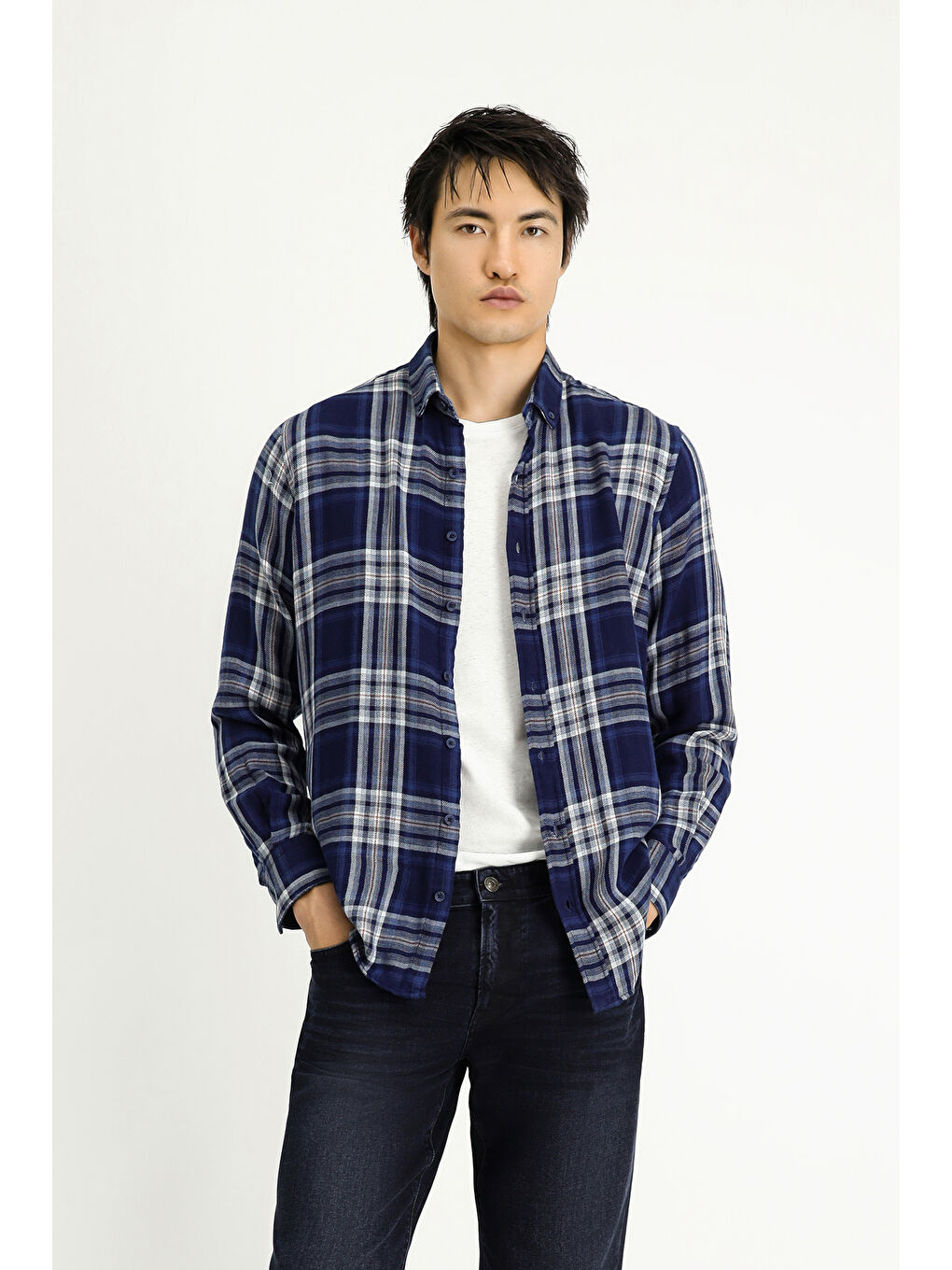 İndigo Uzun Kol Regular Fit Ekose Spor Pamuk Düğmeli Yaka Gömlek