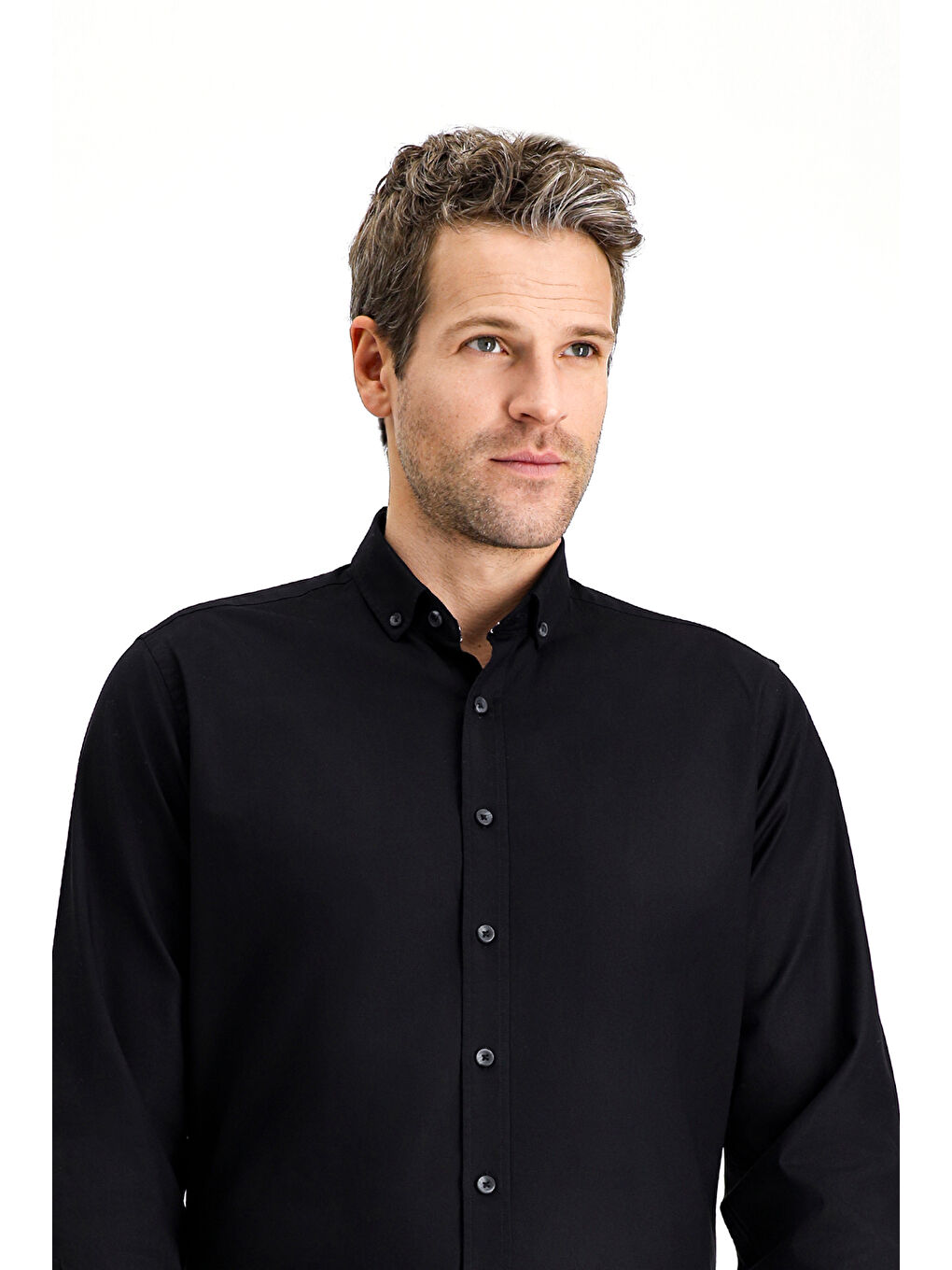 Siyah Uzun Kol Regular Fit Spor Pamuk Düğmeli Yaka Oxford Gömlek-2