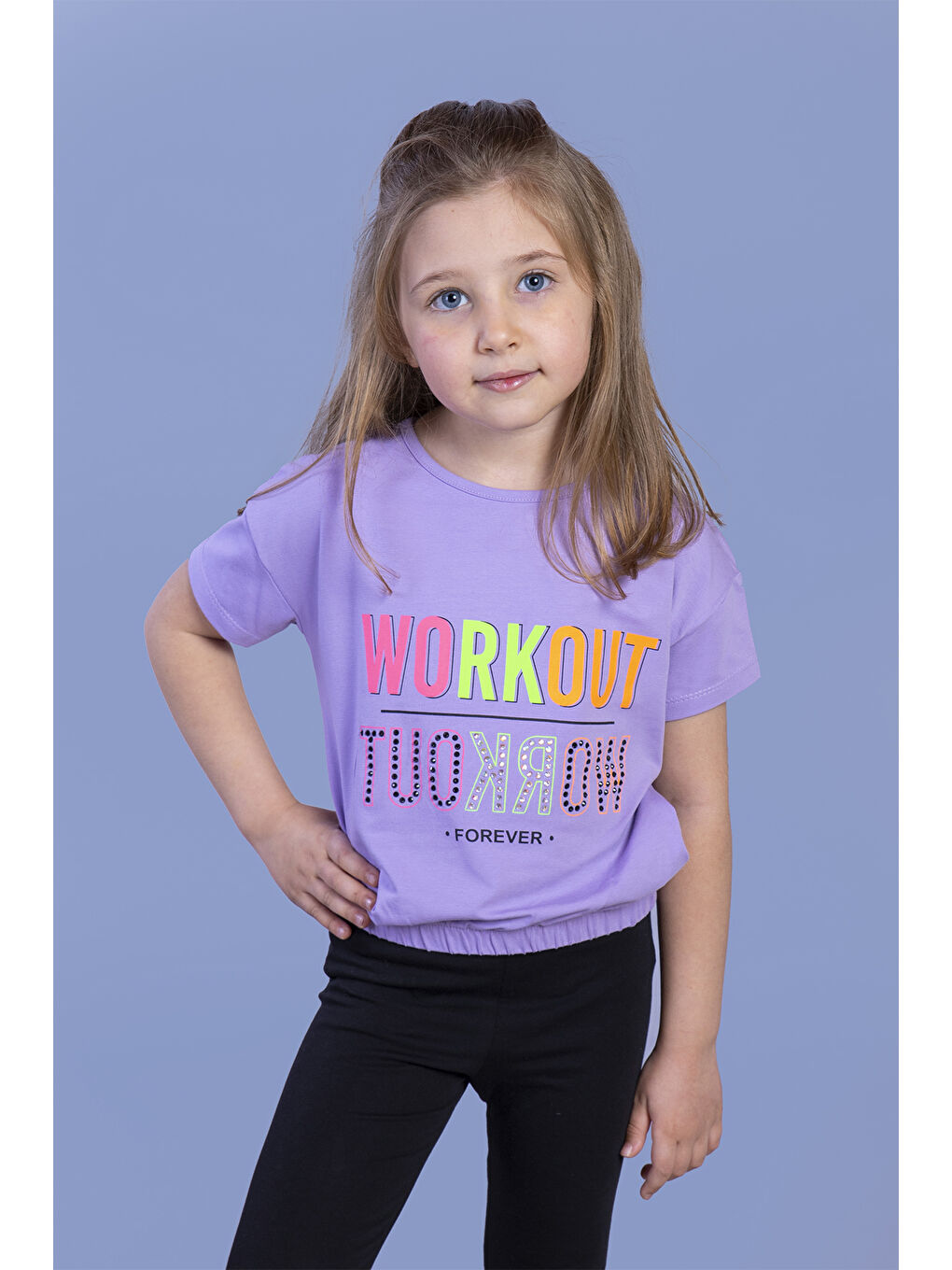 Lila Kız Çocuk Workout Baskılı Taş İşlemeli Tişört
