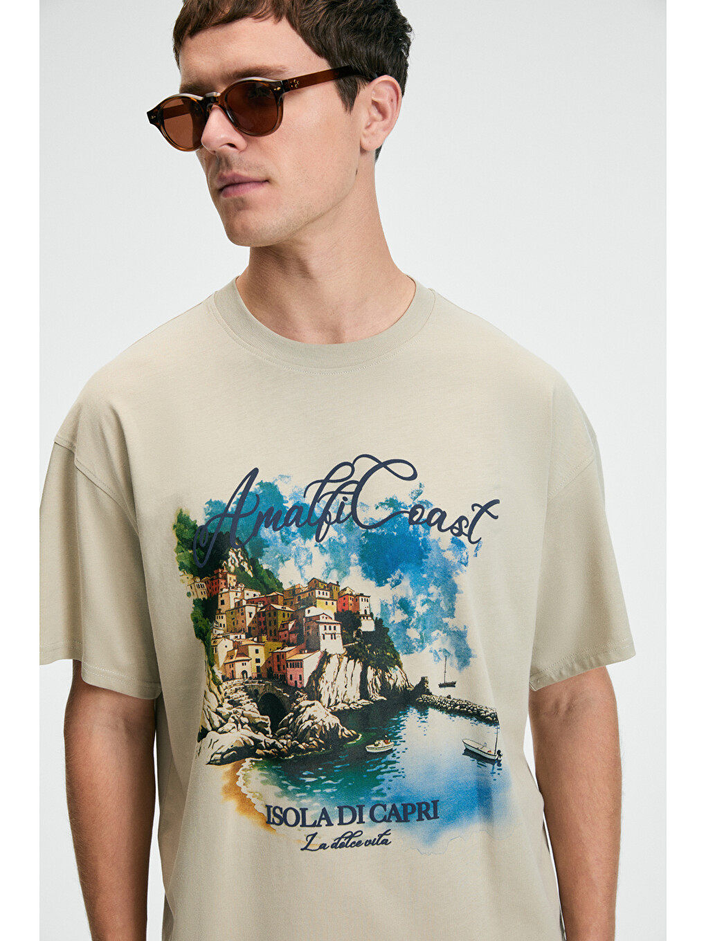 Bej Zest Erkek %100 Pamuk Oversize Fit Baskılı Kısa Kollu Yuvarlak Yakalı Taş T-shirt-1