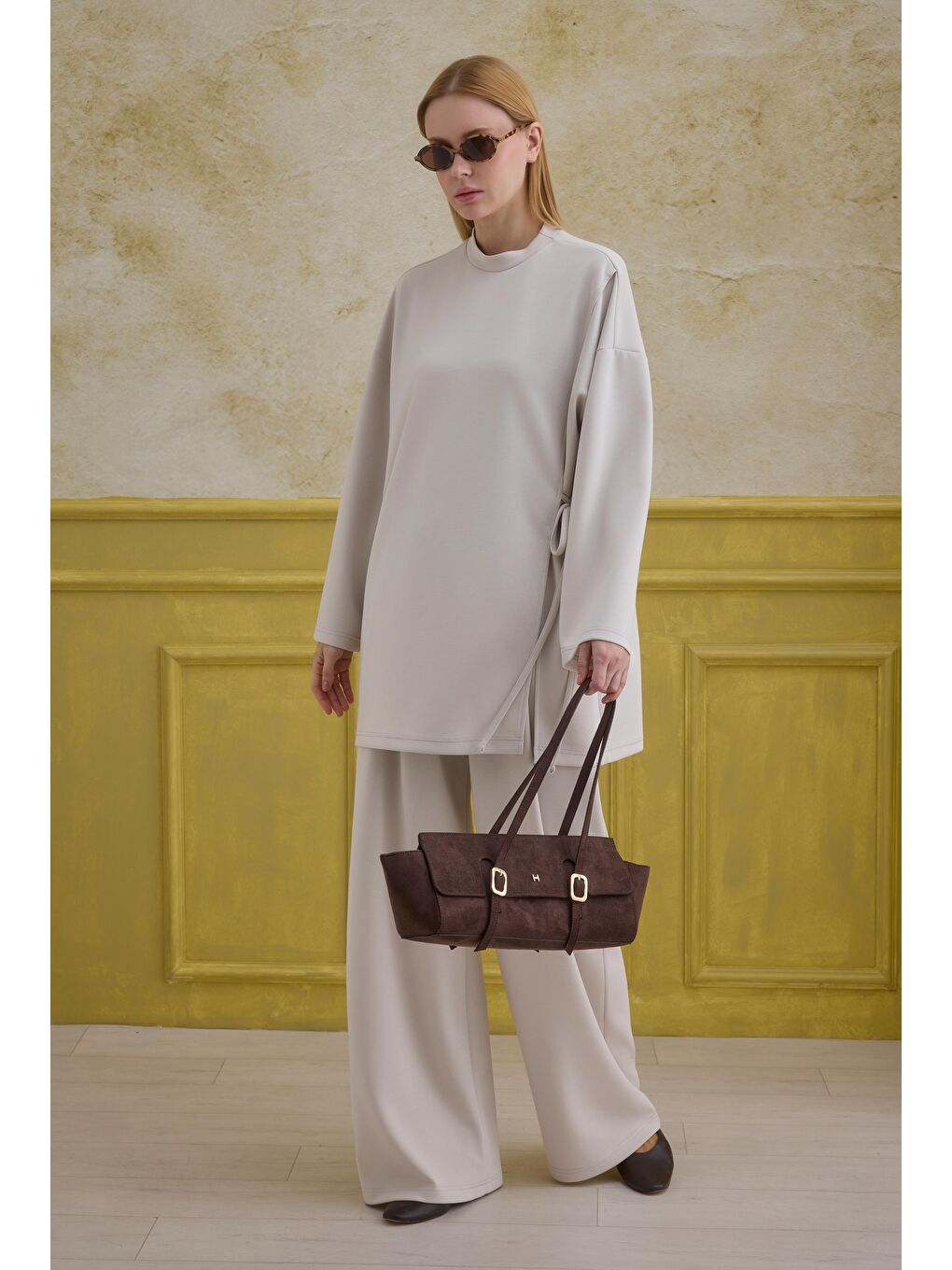 Bej Bağlama Detaylı Modal Takım Deniz Kabuğu-3