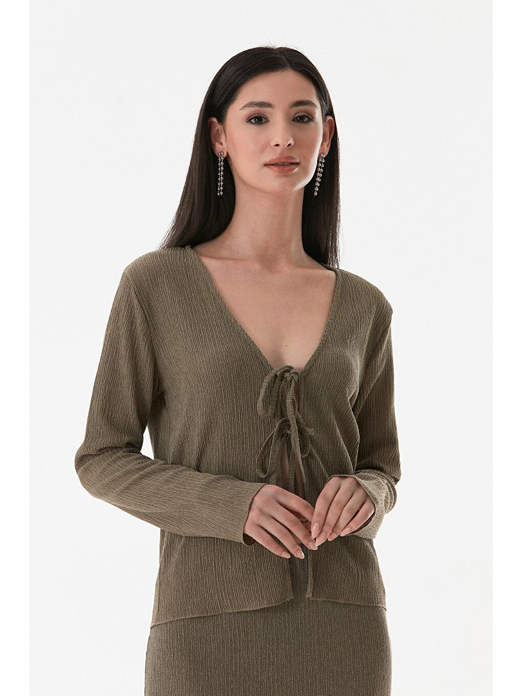 Haki Bürümcük Kumaş Önü Bağlamalı Hırka