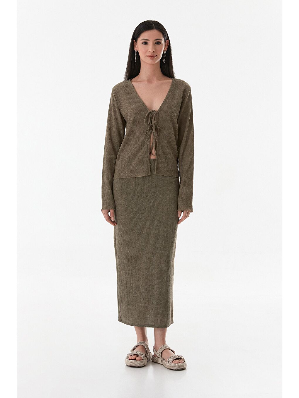 Haki Bürümcük Kumaş Önü Bağlamalı Hırka-1