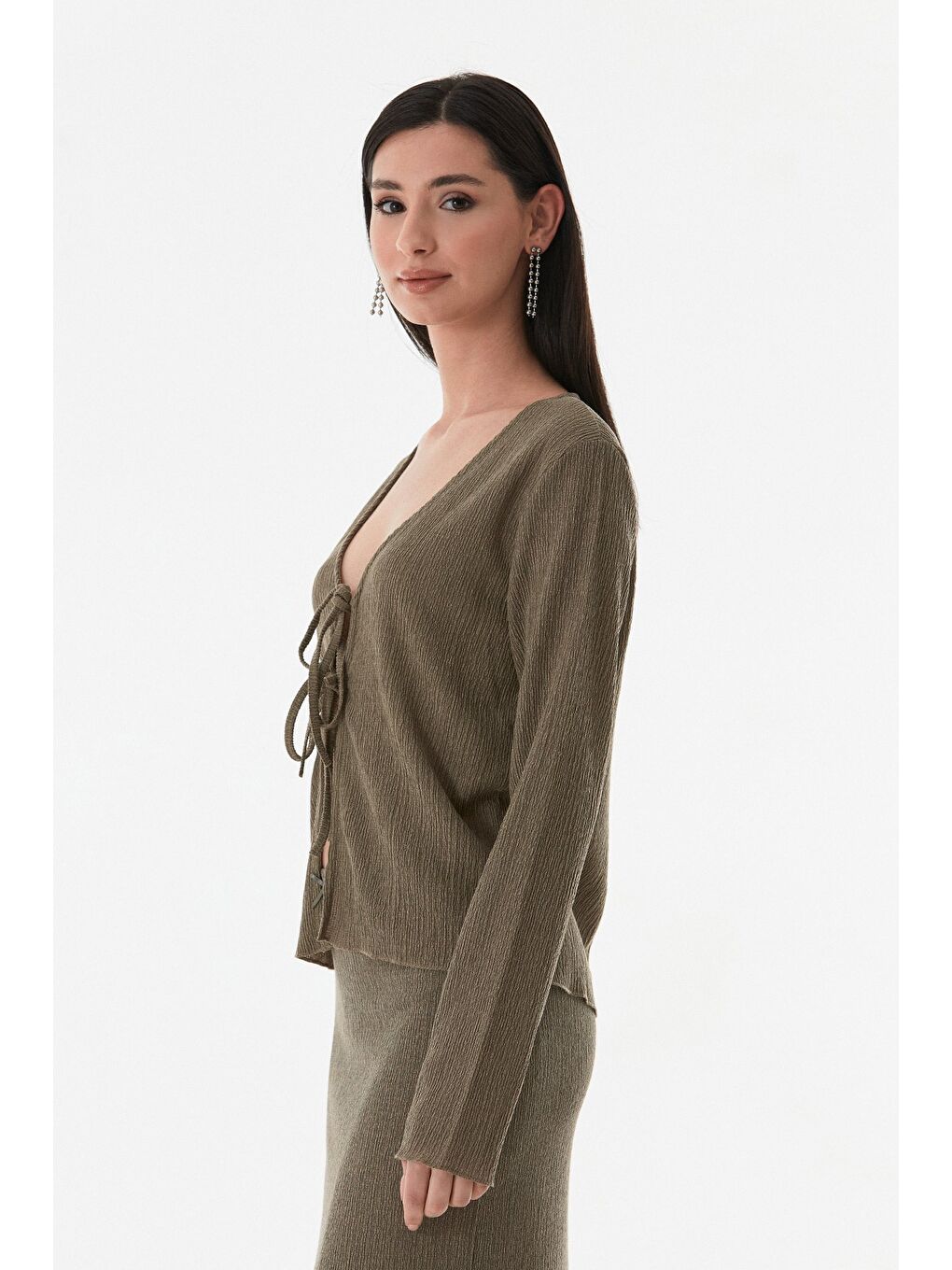 Haki Bürümcük Kumaş Önü Bağlamalı Hırka-3