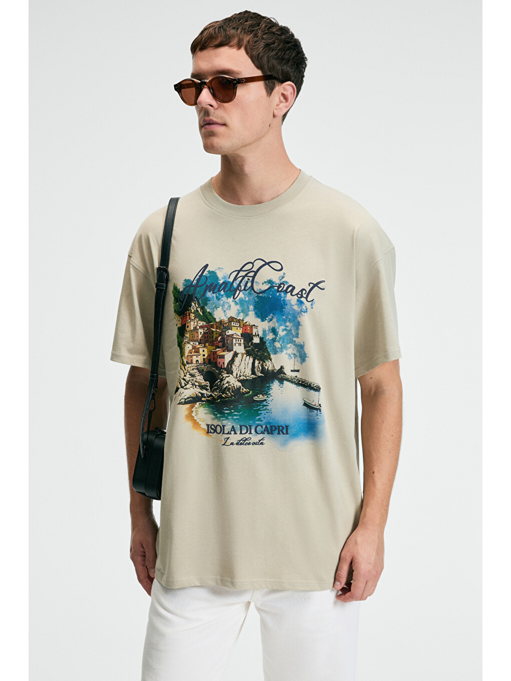 Bej Zest Erkek %100 Pamuk Oversize Fit Baskılı Kısa Kollu Yuvarlak Yakalı Taş T-shirt-2