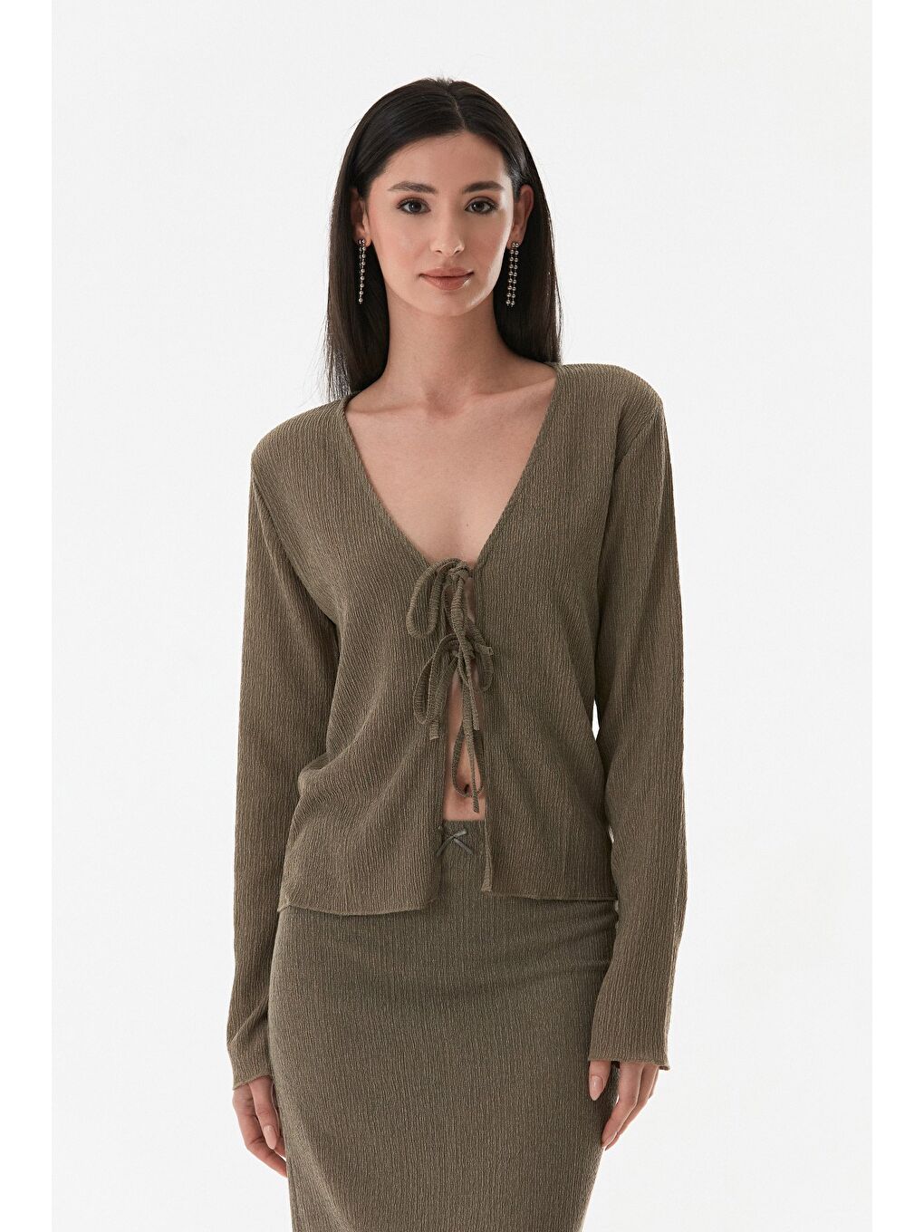 Haki Bürümcük Kumaş Önü Bağlamalı Hırka-4