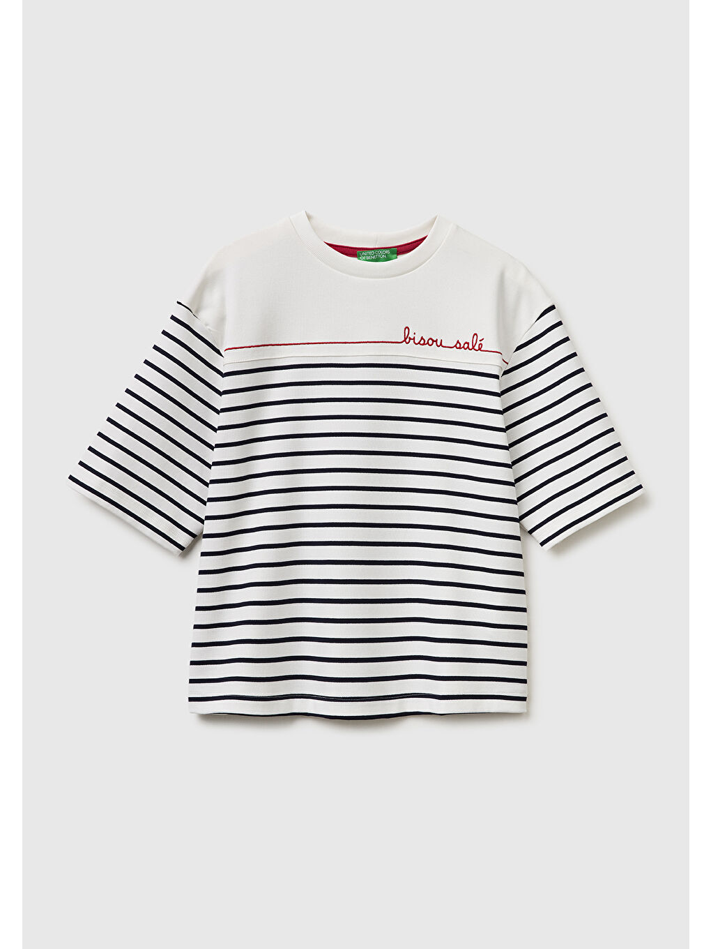 Kadın Lacivert Pamuk Karışımlı Nakış Detaylı Çizgili Bisiklet Yaka T-Shirt