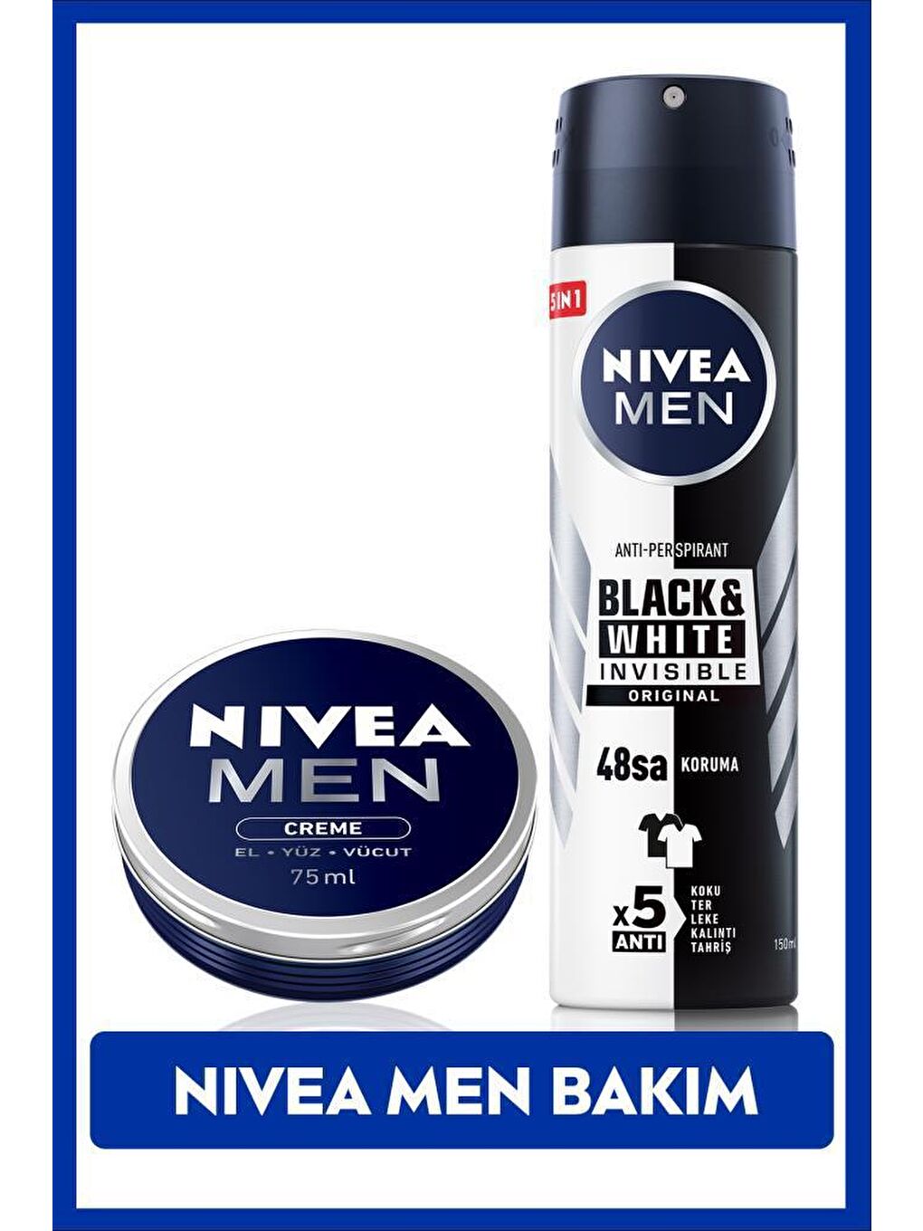 NIVEA Şeffaf MEN Sprey Deodorant Black&White Invesible Original 150ml ve Nemlendirici Erkek Bakım Kremi 75ml