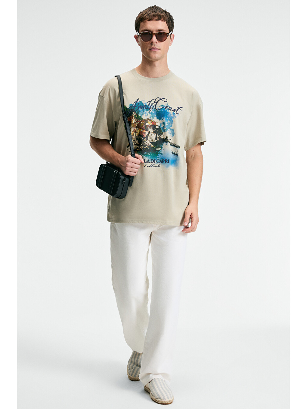 Bej Zest Erkek %100 Pamuk Oversize Fit Baskılı Kısa Kollu Yuvarlak Yakalı Taş T-shirt-3
