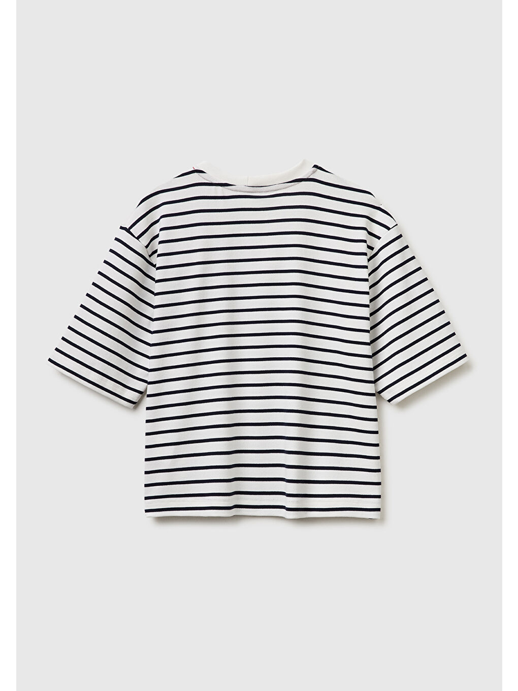 Kadın Lacivert Pamuk Karışımlı Nakış Detaylı Çizgili Bisiklet Yaka T-Shirt-1