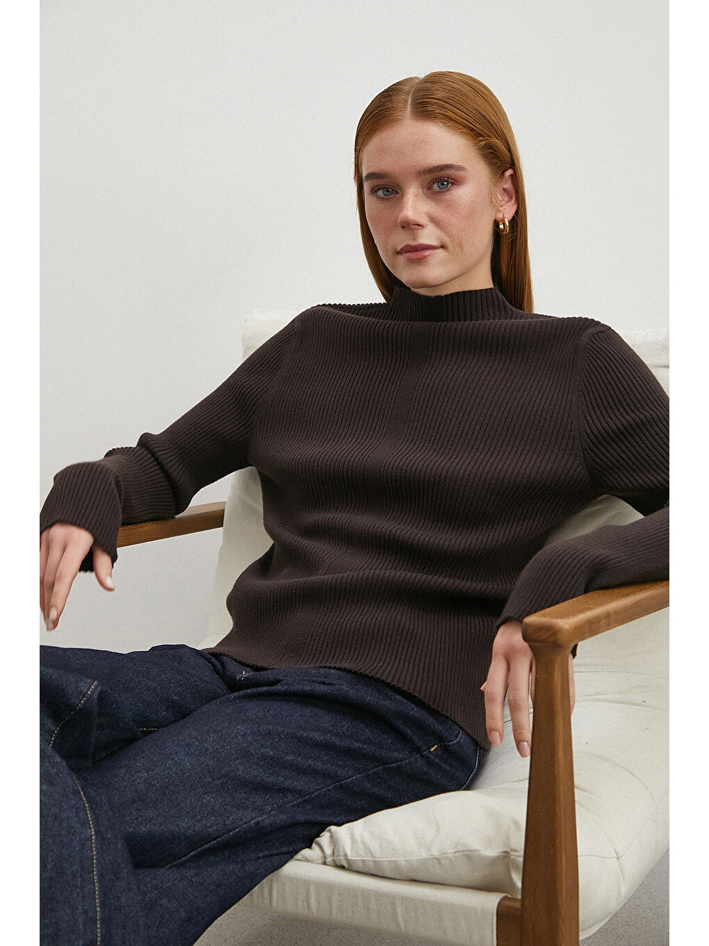 Karışık Fitilli Yarım Balıkçı Yaka Kazak Kahve