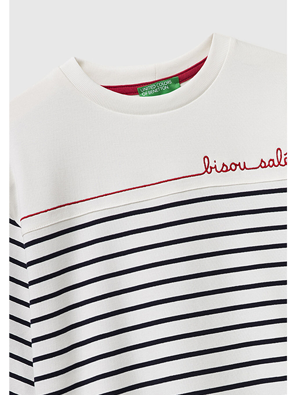 Kadın Lacivert Pamuk Karışımlı Nakış Detaylı Çizgili Bisiklet Yaka T-Shirt-2