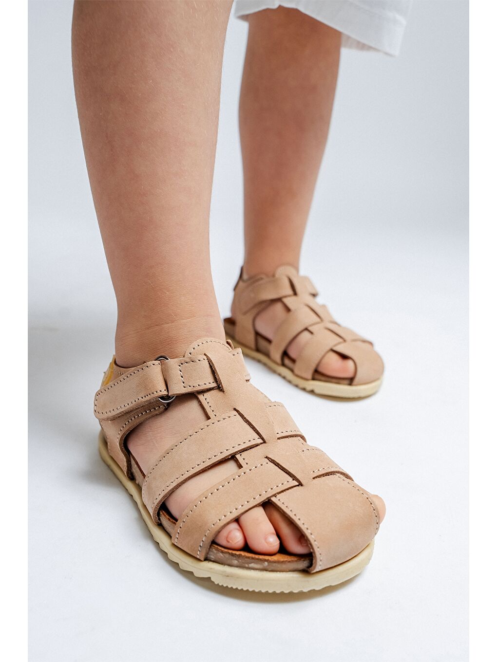 Unisex Çocuk Bej Hakiki Deri Mantar Tabanlı Günlük Çocuk Sandalet-3