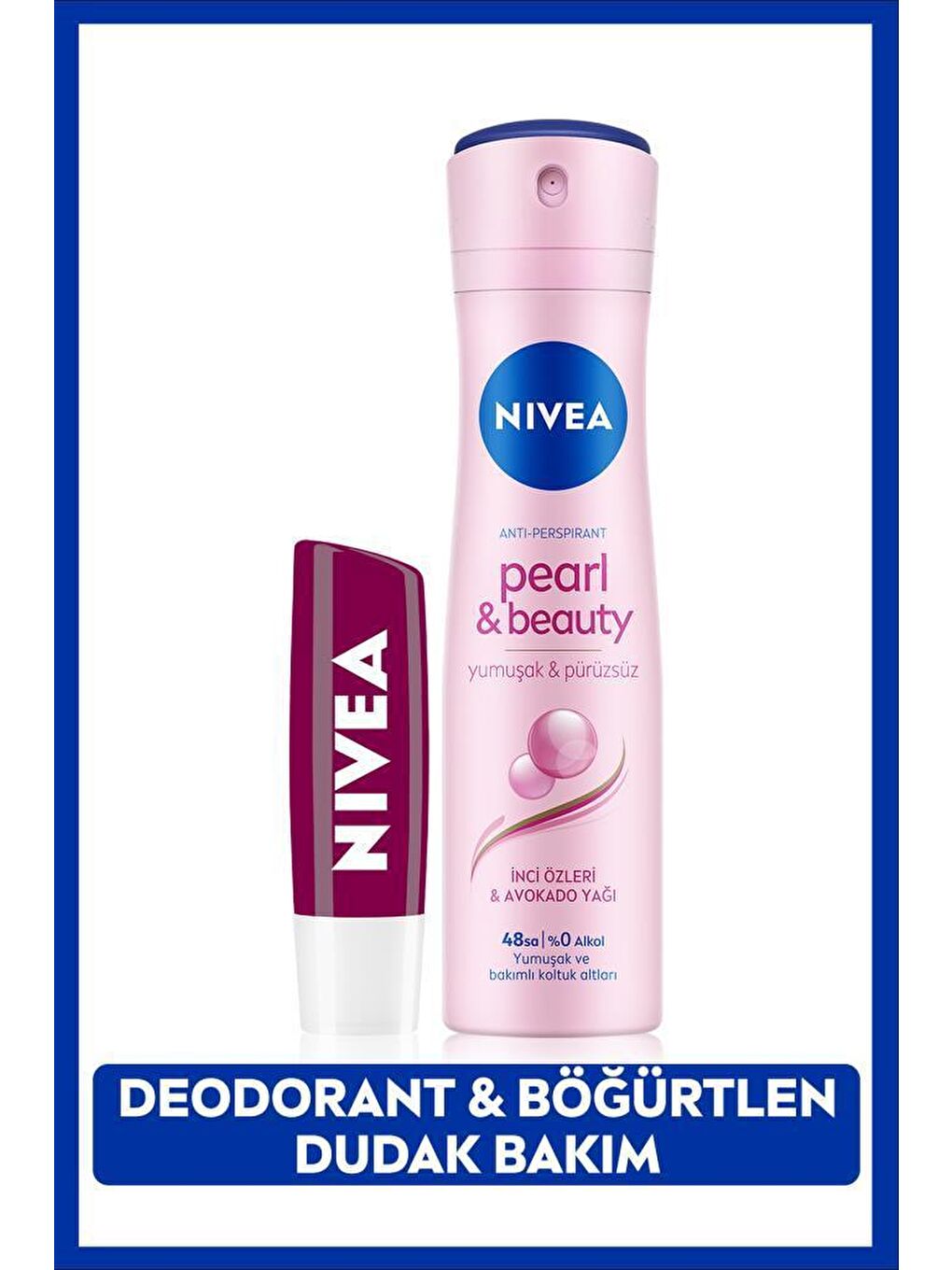 NIVEA Şeffaf Kadın Sprey Deodorant Pearl&Beauty 150ml, 48 Saat Koruma ve Nemlendirici Böğürtlen Dudak Bakım Kremi