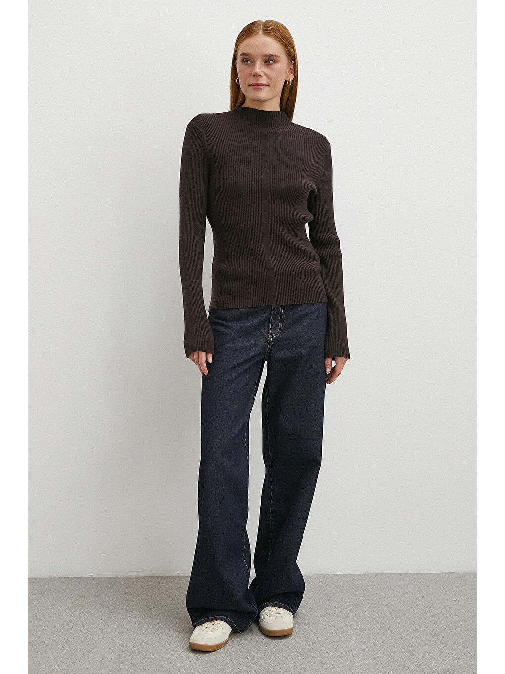 Karışık Fitilli Yarım Balıkçı Yaka Kazak Kahve-1