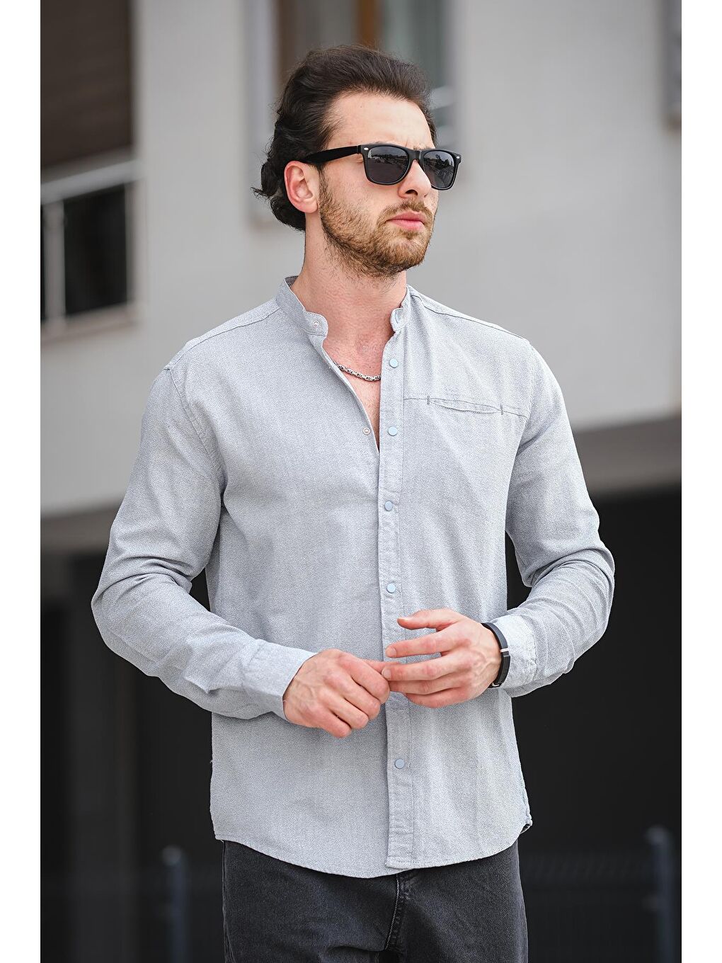 Gri Trc 2700 Tek Cep Çıt Çıtlı Slim Hakim Yaka Erkek Gömlek