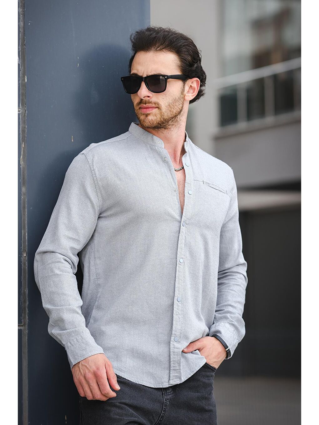 Gri Trc 2700 Tek Cep Çıt Çıtlı Slim Hakim Yaka Erkek Gömlek-1