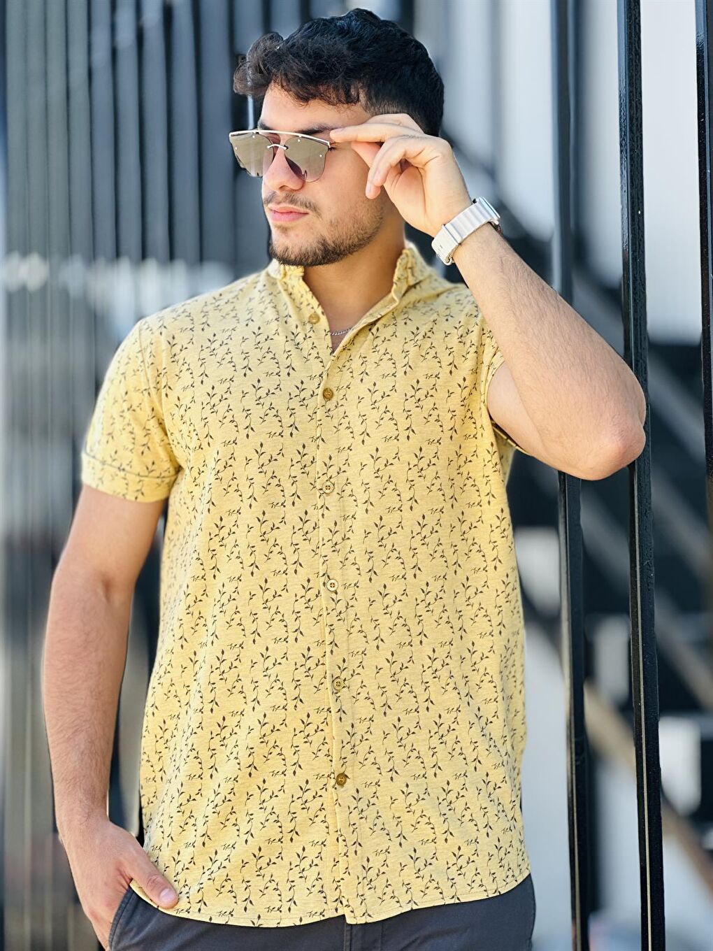 Sarı Dal Baskılı Pike Kısa Kollu Gömlek-Hardal