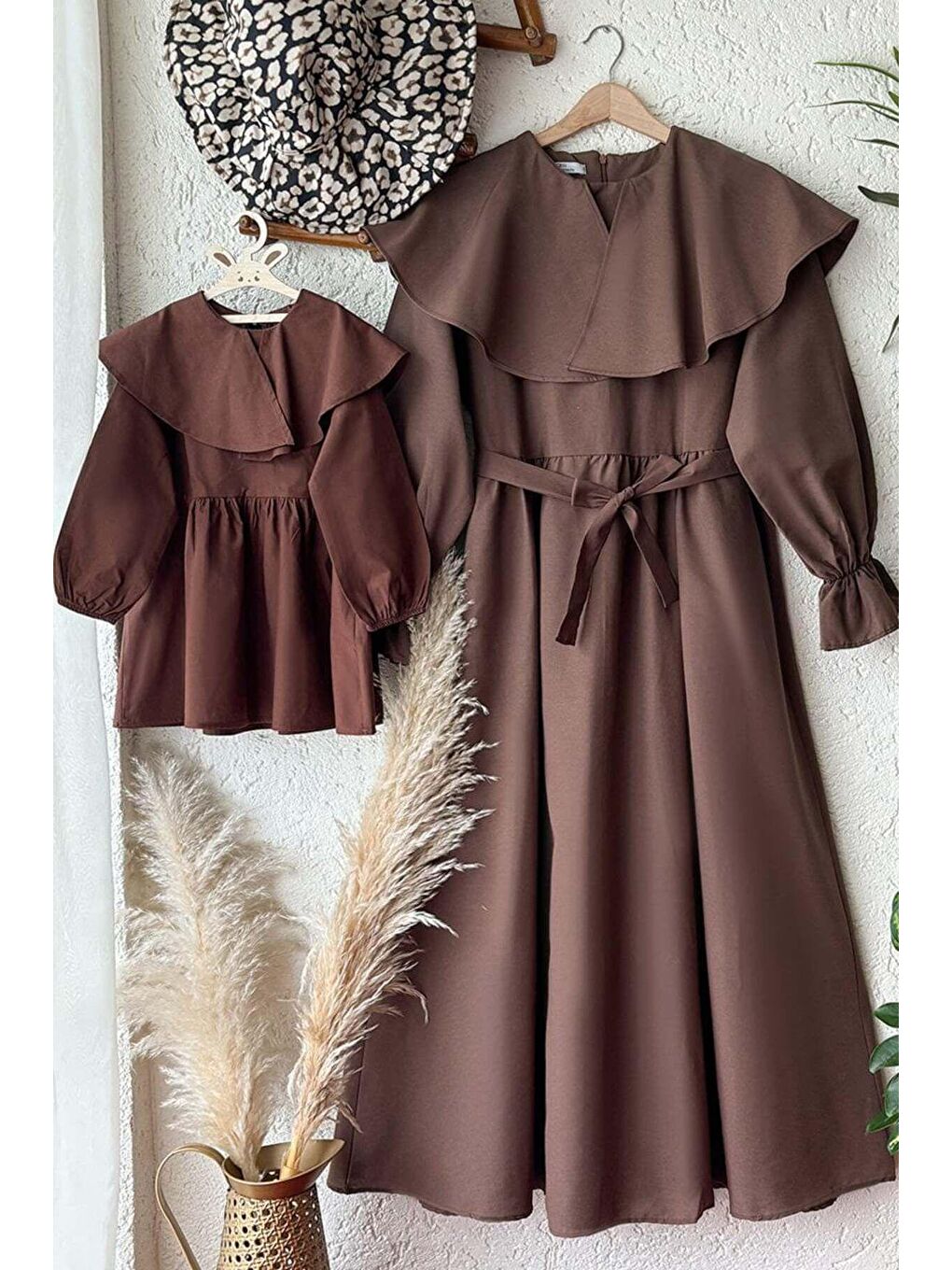 Kahverengi Anne - Çocuk Acı Kahve Geniş Yaka Elbise Kombin-1