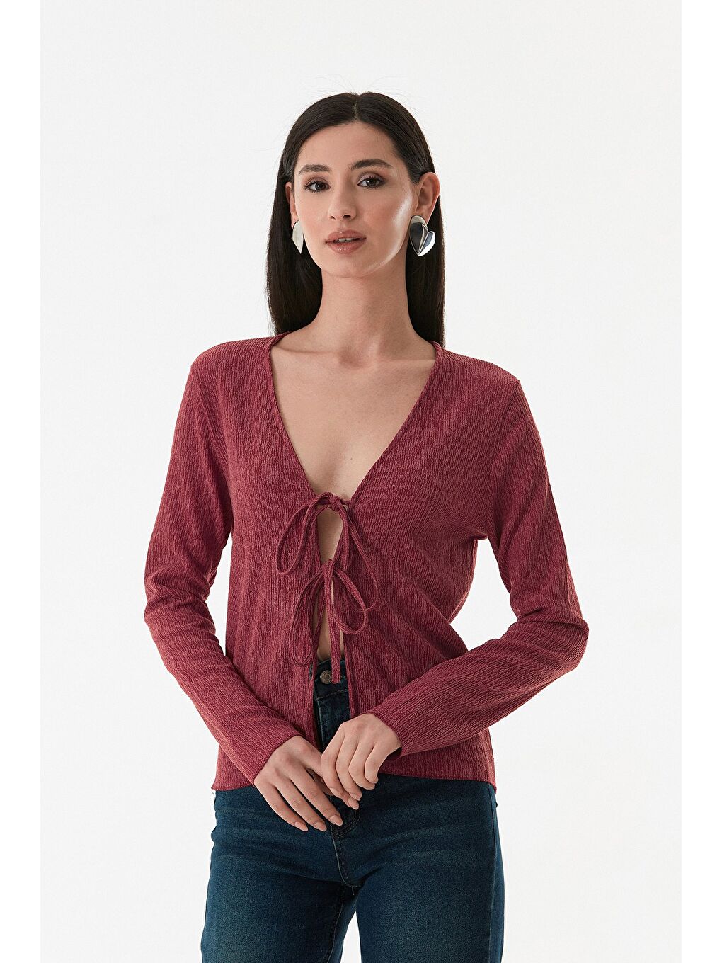 Fullamoda Bordo Bürümcük Kumaş Önü Bağlamalı Hırka - 2