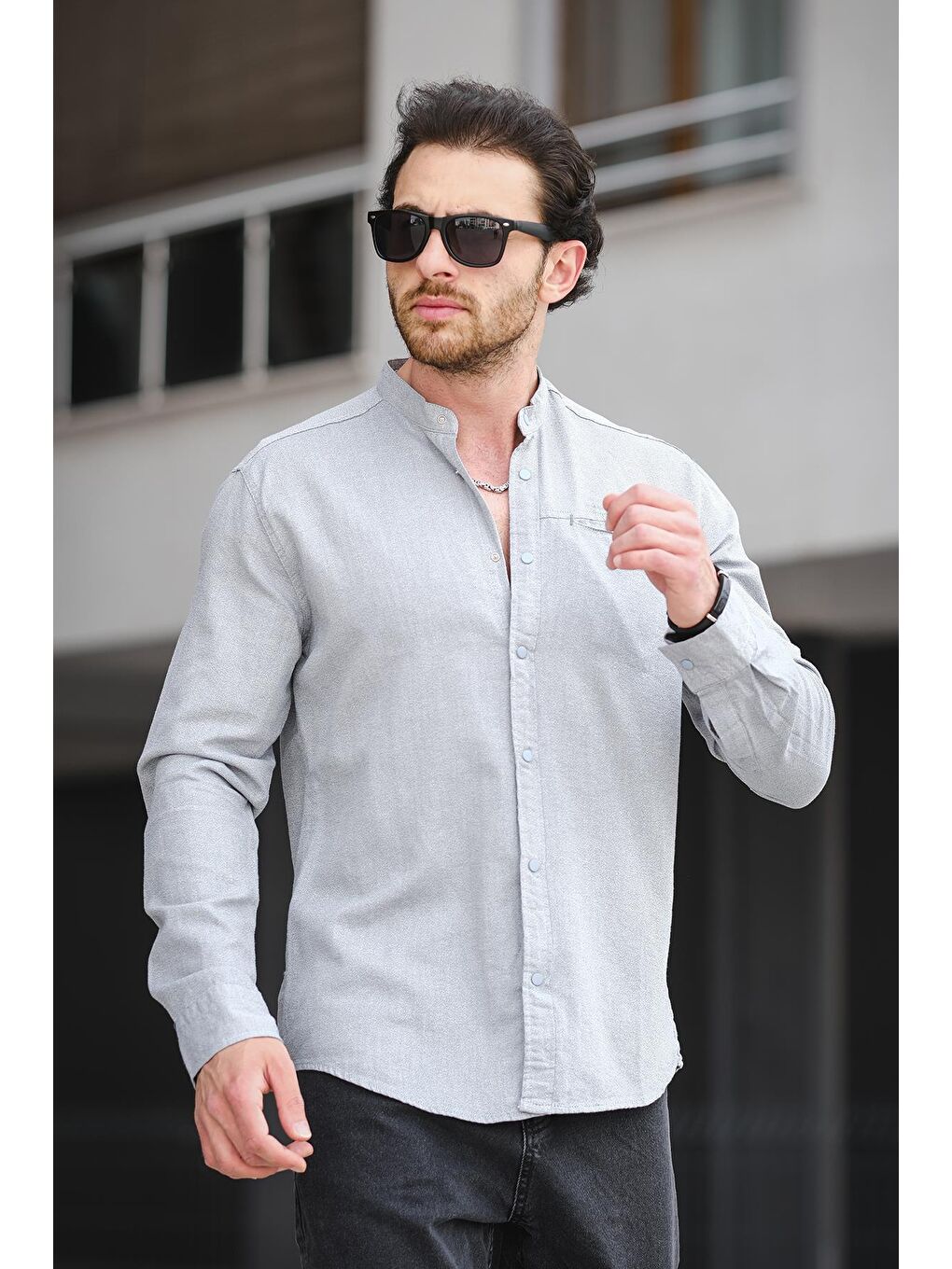 Gri Trc 2700 Tek Cep Çıt Çıtlı Slim Hakim Yaka Erkek Gömlek-2