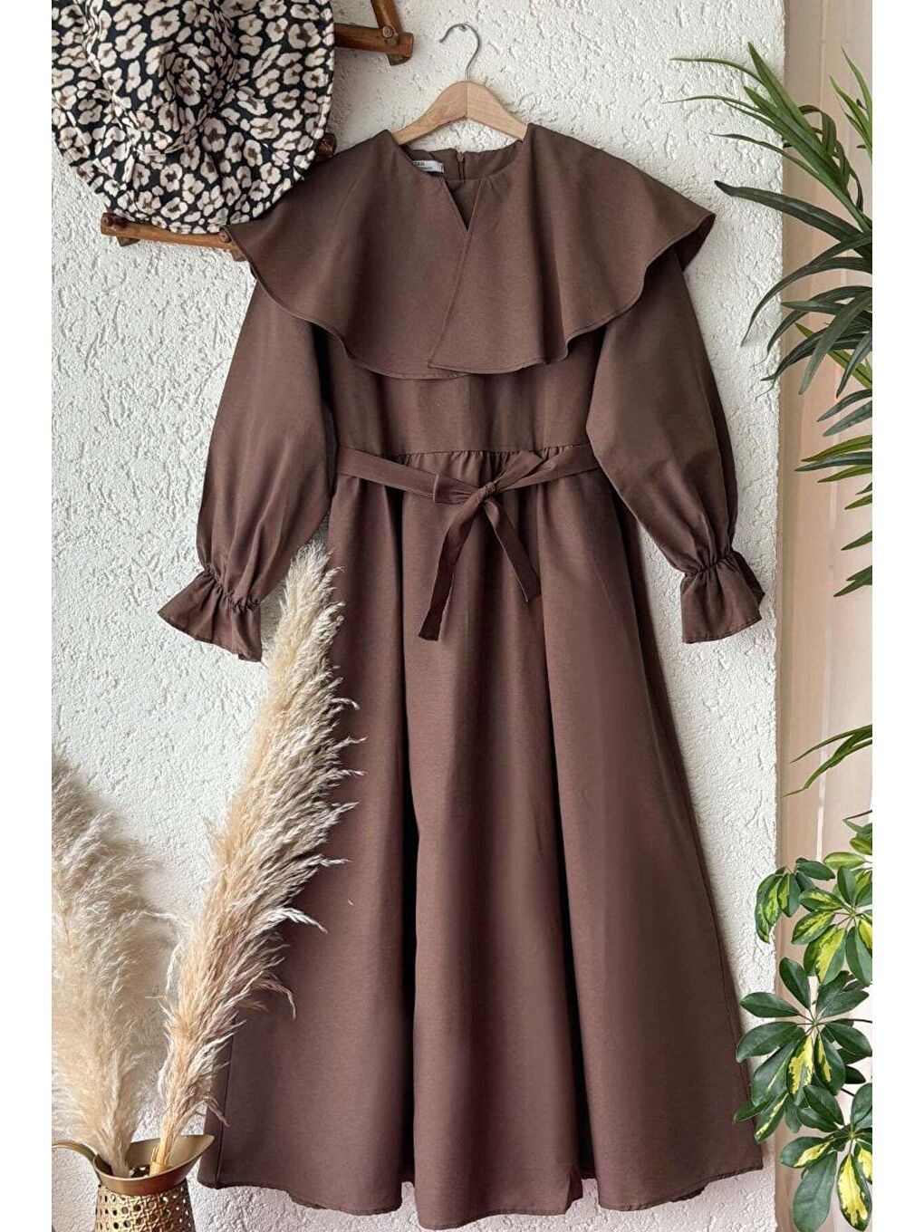 Kahverengi Anne - Çocuk Acı Kahve Geniş Yaka Elbise Kombin-2