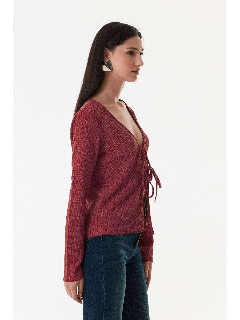 Fullamoda Bordo Bürümcük Kumaş Önü Bağlamalı Hırka - 3