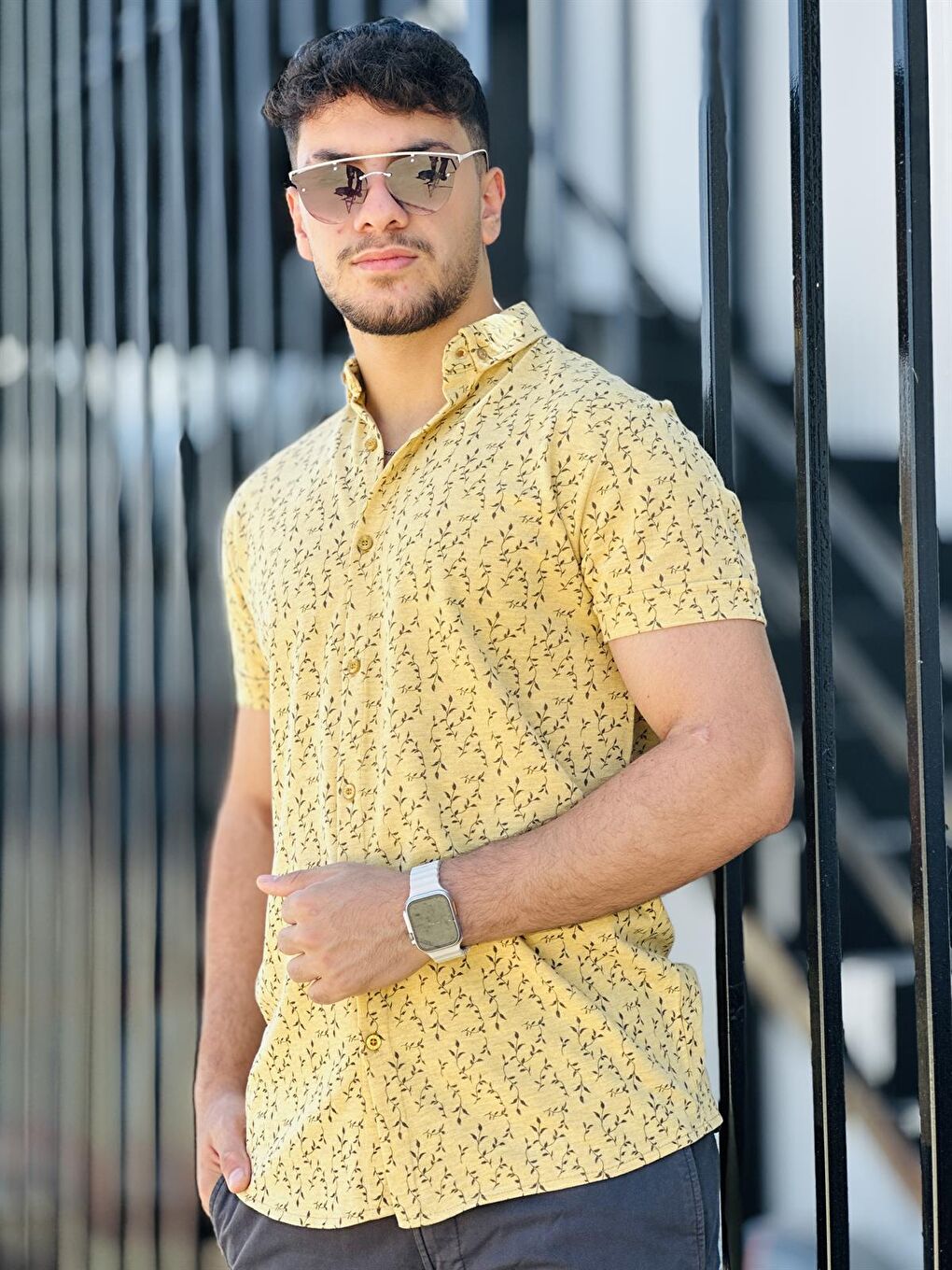 Sarı Dal Baskılı Pike Kısa Kollu Gömlek-Hardal-1