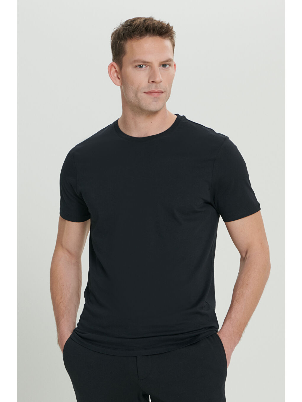 Erkek Beyaz-Siyah-Gri 2'li Slim Fit Dar Kesim %100 Pamuk Bisiklet Yaka Tişört-2