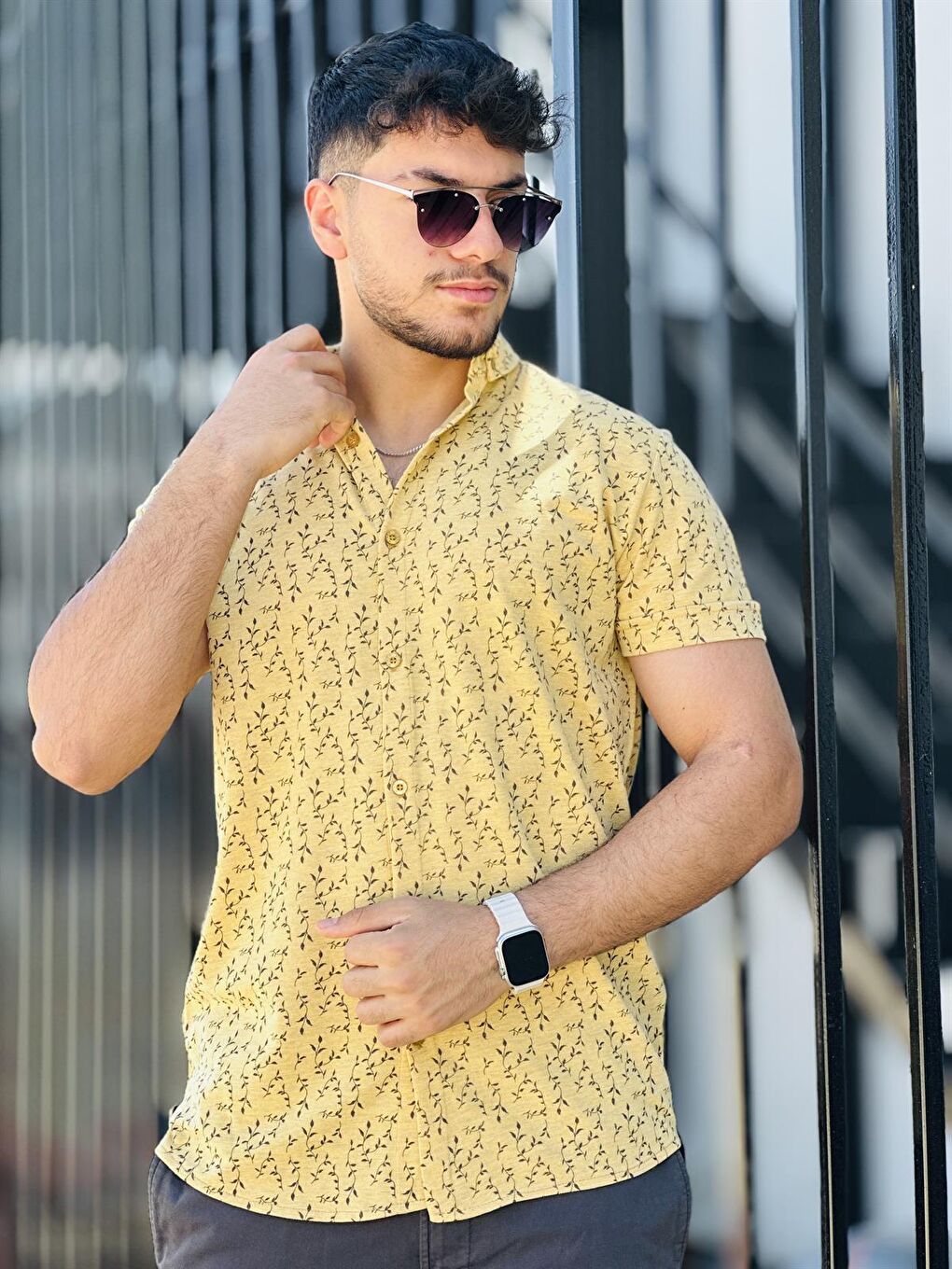 Sarı Dal Baskılı Pike Kısa Kollu Gömlek-Hardal-2