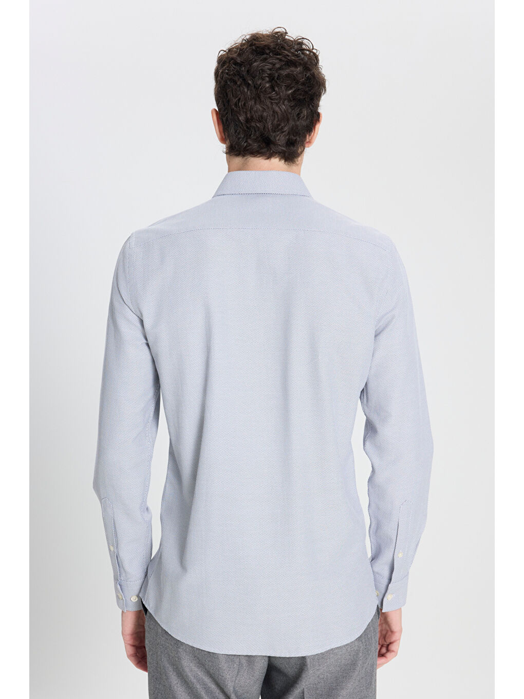 Erkek Beyaz-Lacivert Pamuklu Slim Fit Dar Kesim Klasik Yaka Armürlü Gömlek-4