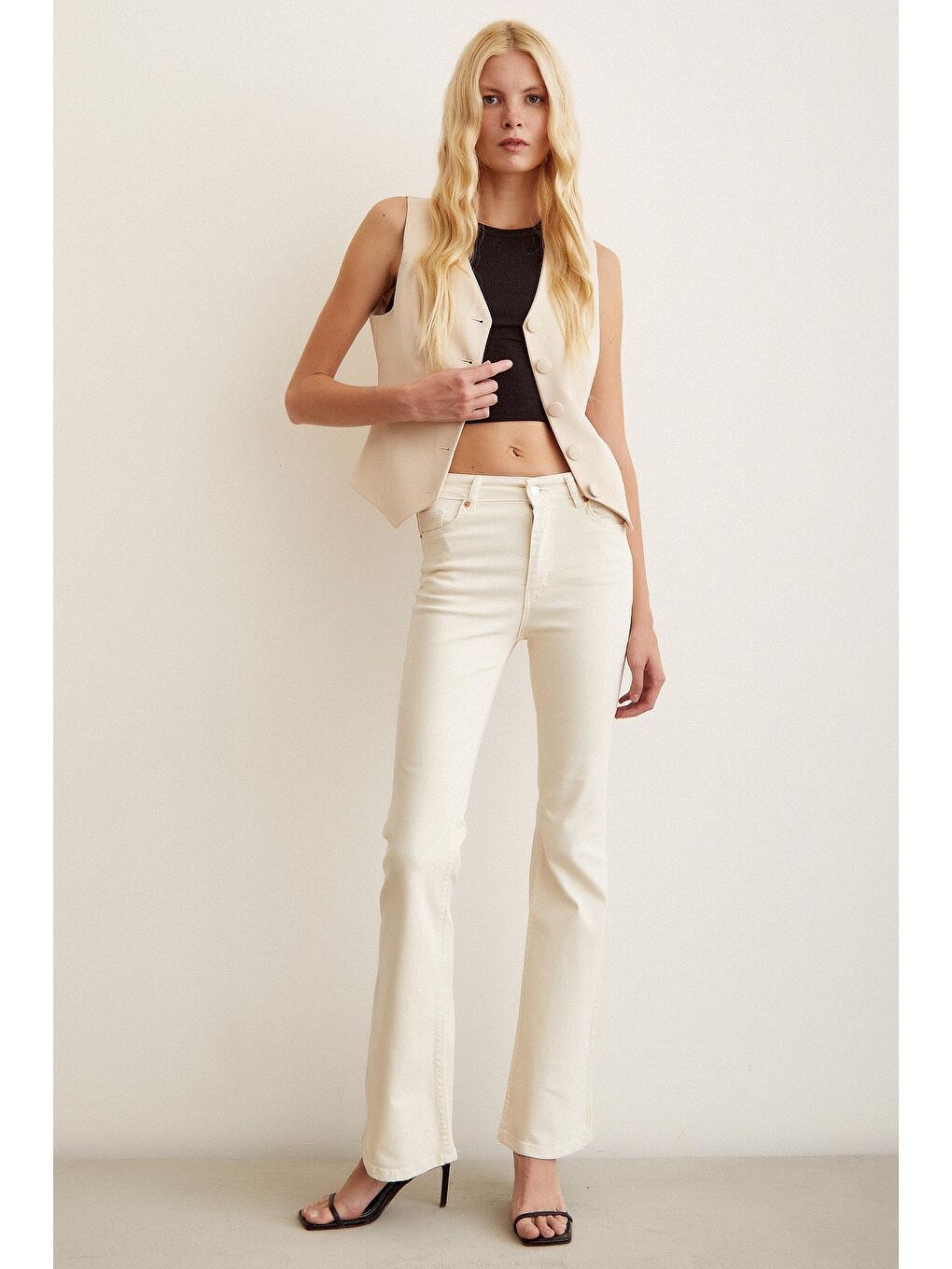 Ekru Yüksel Bel İspanyol Paça Jean-1