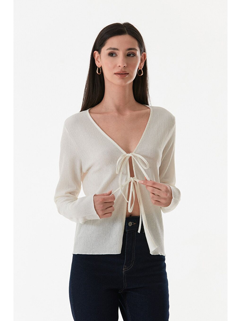 Ekru Bürümcük Kumaş Önü Bağlamalı Hırka-1