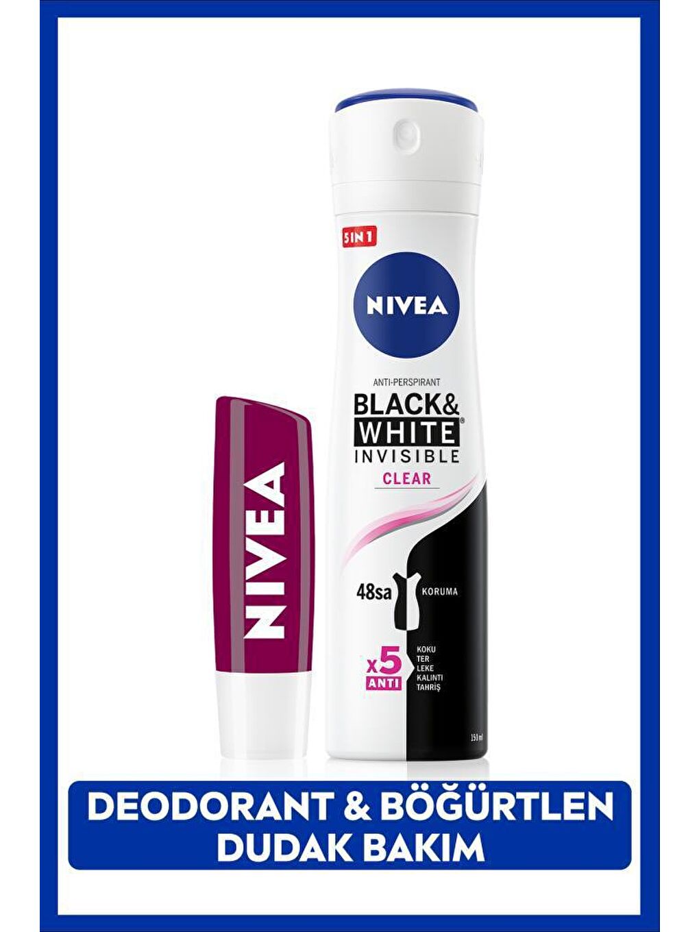 NIVEA Kadın Sprey Deodorant Black&White Clear, 48 Saat Koruma ve Nemlendirici Böğürtlen Dudak Bakım Kremi