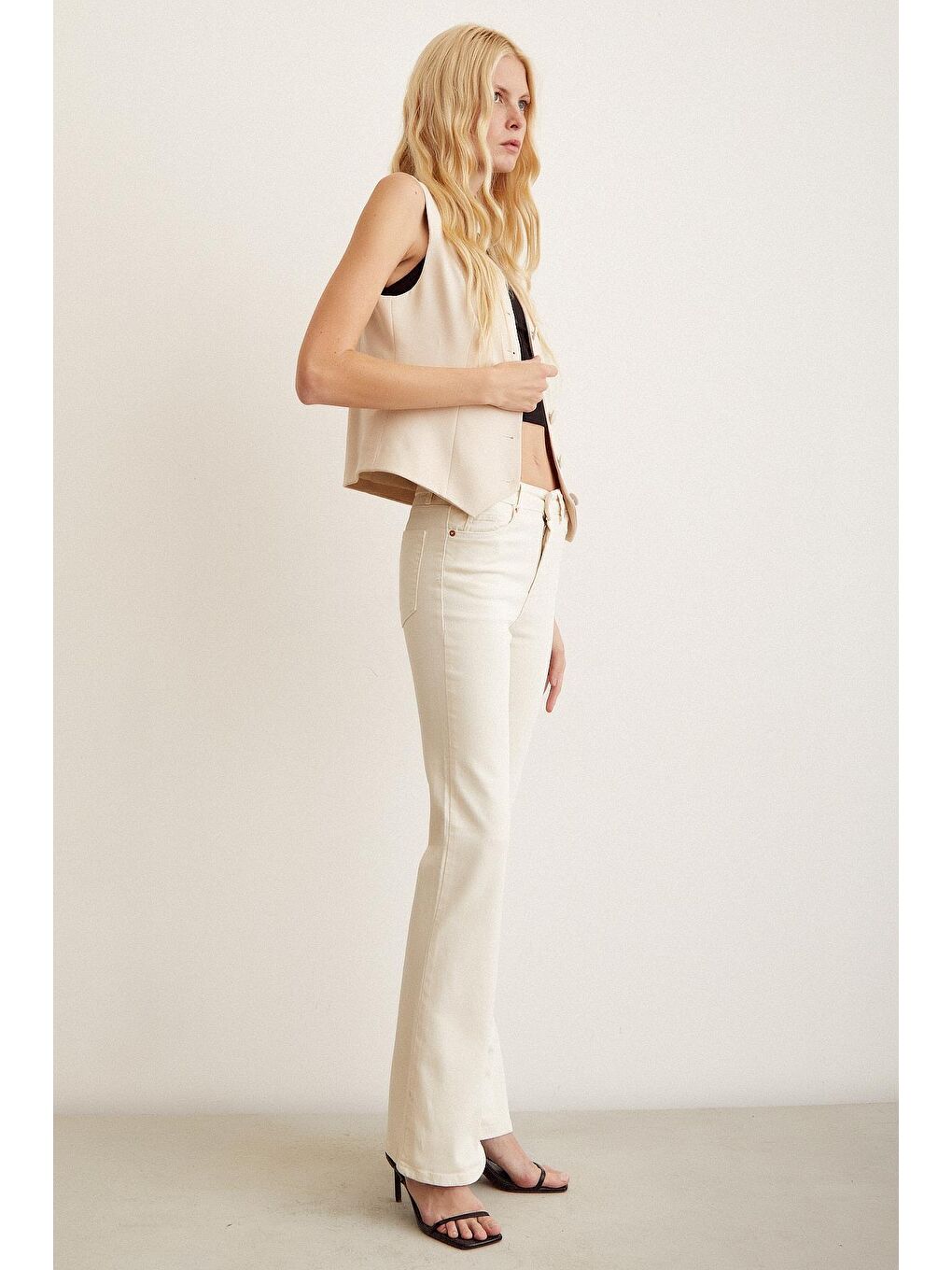 Ekru Yüksel Bel İspanyol Paça Jean-2