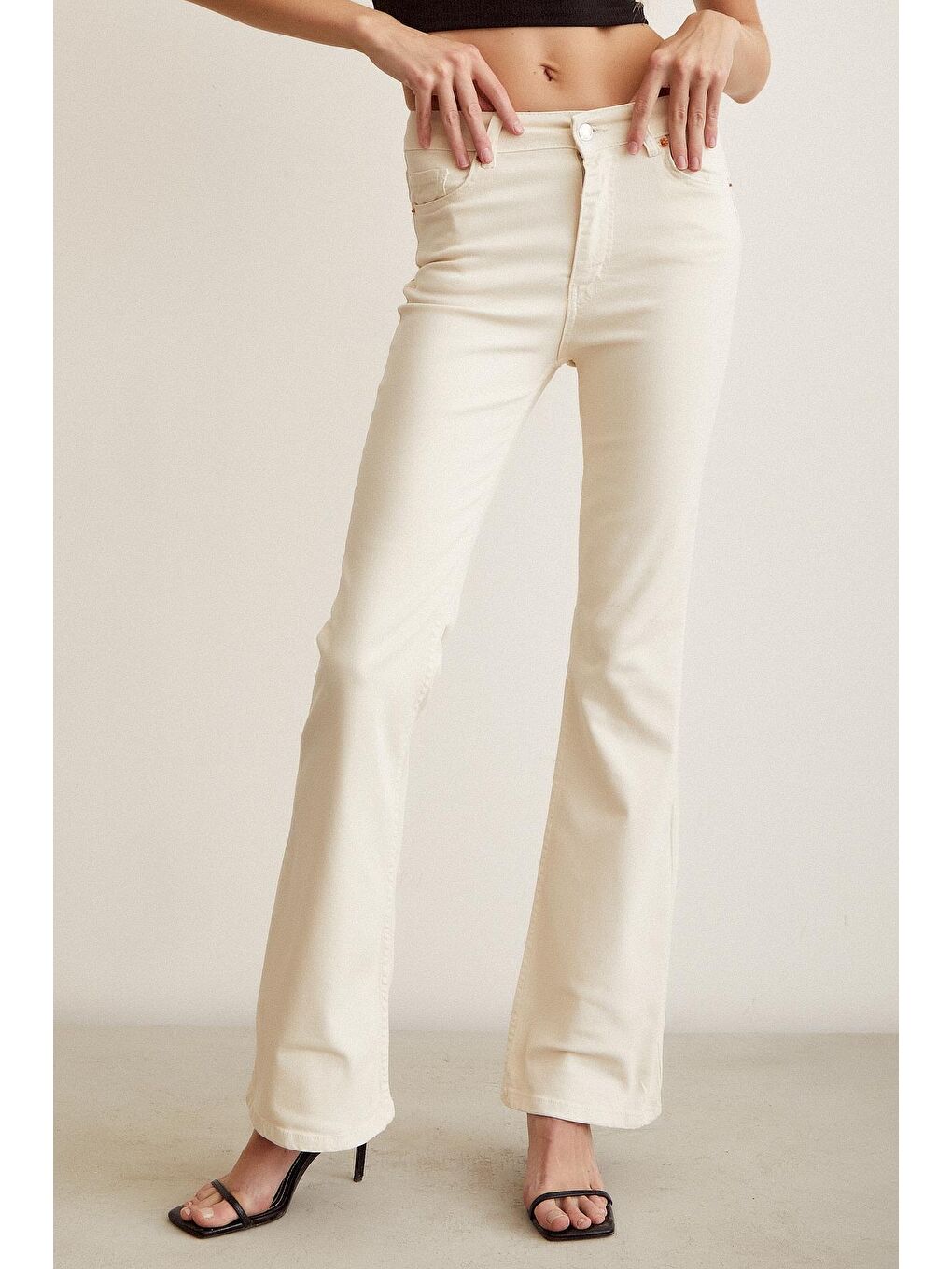 Ekru Yüksel Bel İspanyol Paça Jean-3