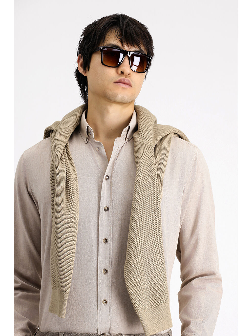 Bej Uzun Kol Regular Fit Spor Pamuk Düğmeli Yaka Oxford Gömlek-2