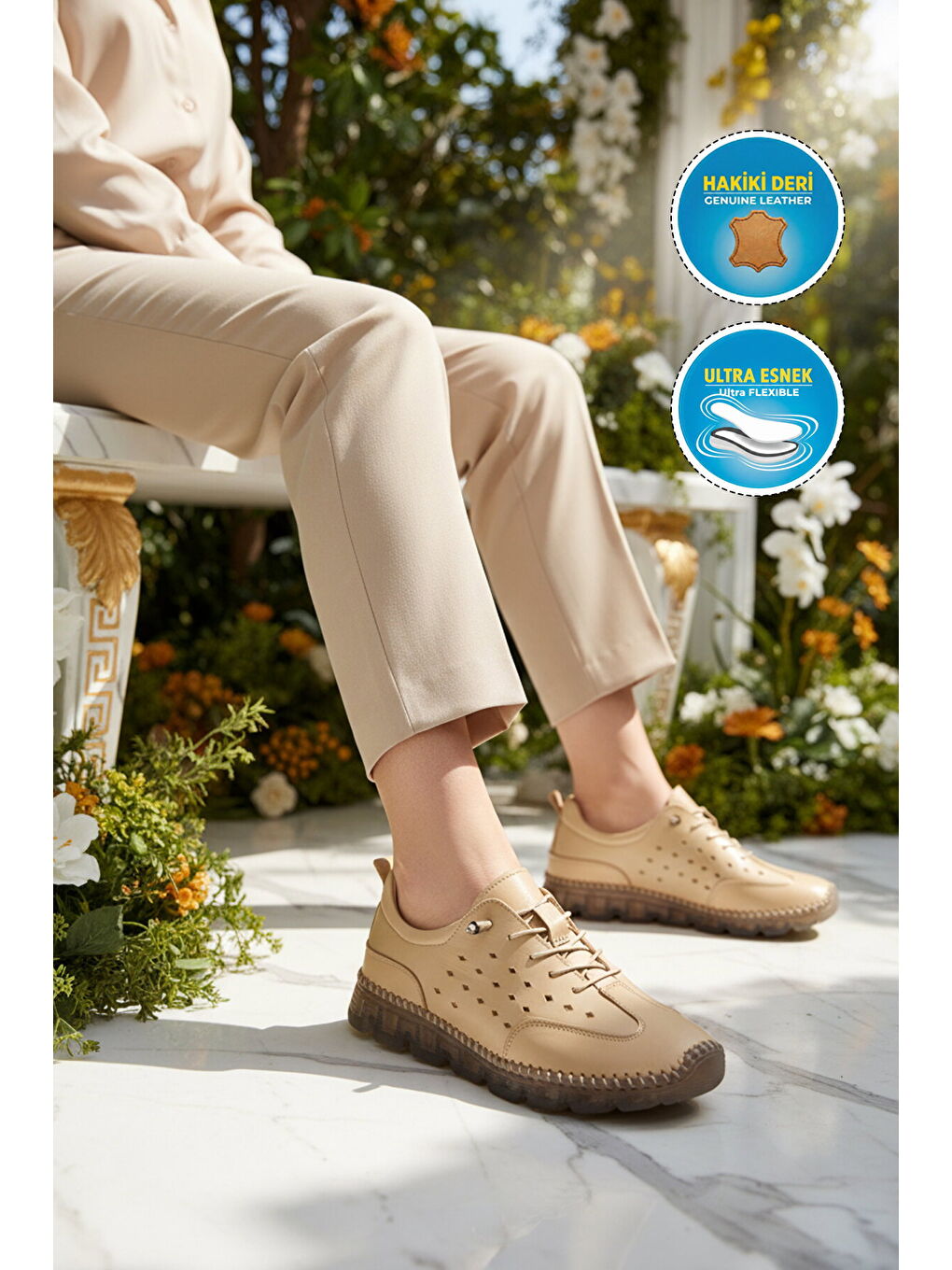 Bej Hakiki Deri Kadın Casual Ayakkabı 0007 Z-2