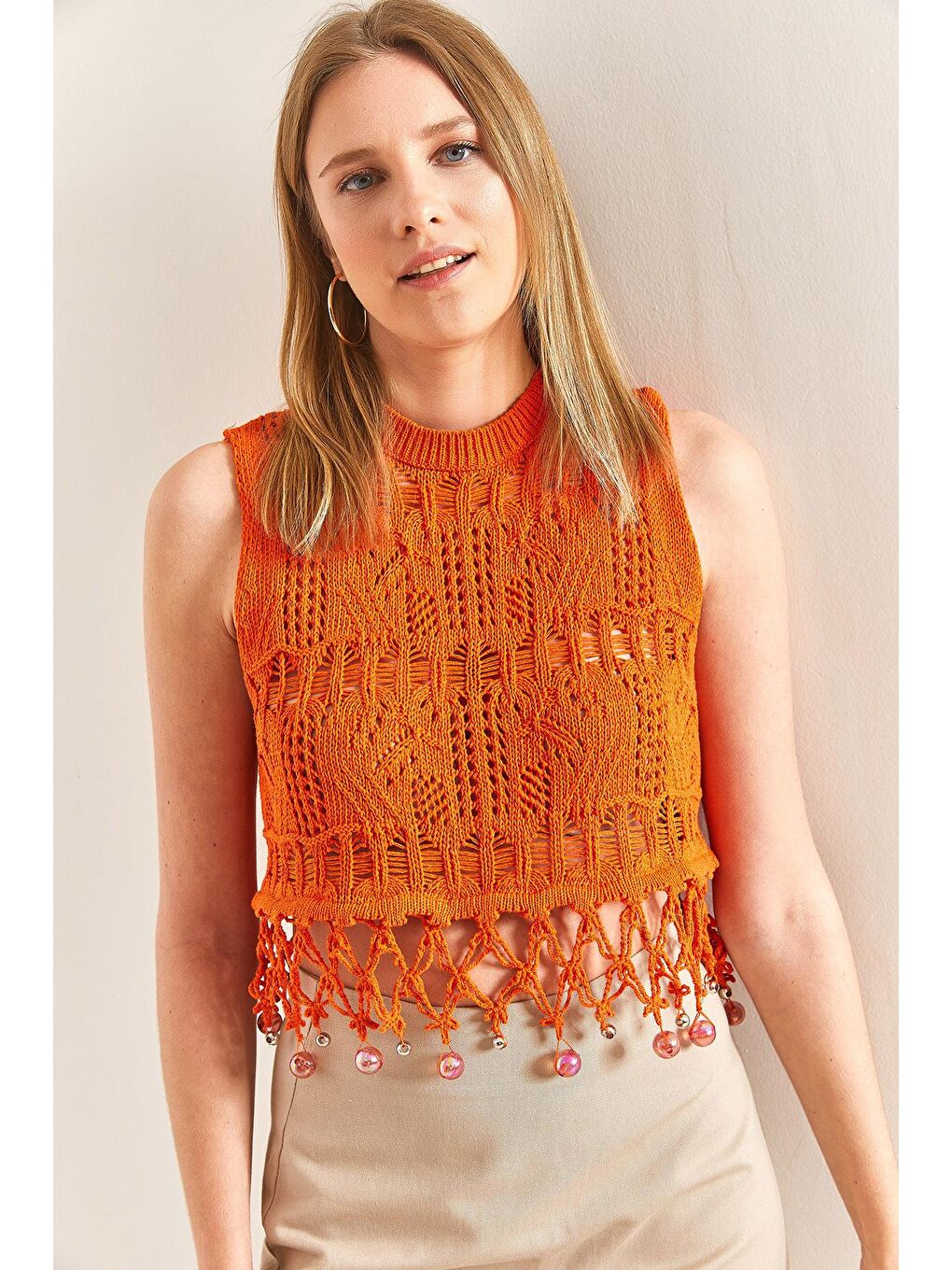 Ajurlu Saçakları Taş İşlemeli Desenli Triko Bluz - Turuncu-5