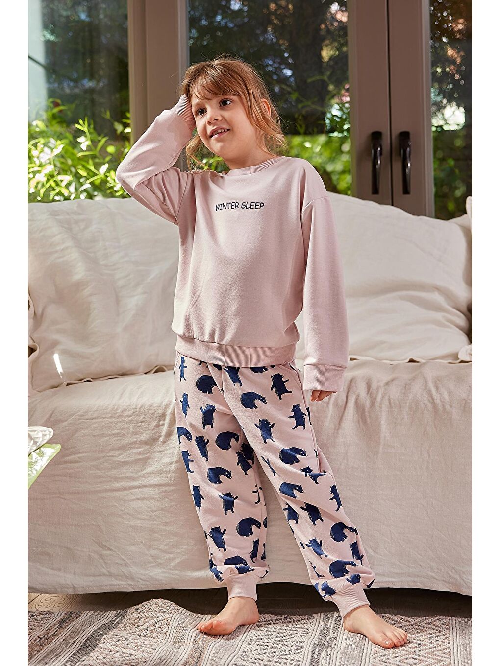 Pembe Kız Çocuk Yazı Nakışlı Pijama Takımı-1