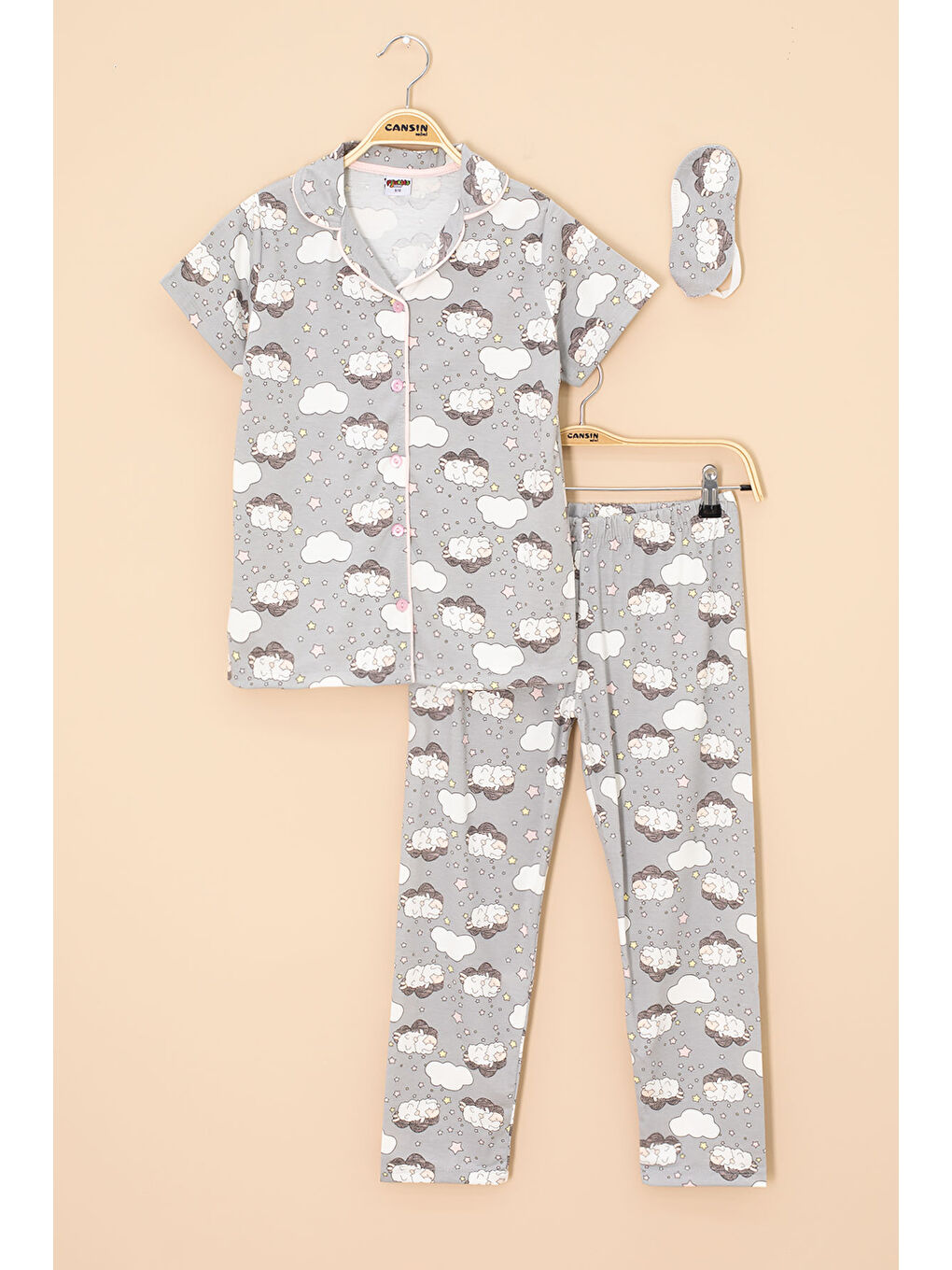 Gri Kuzu Desenli Kısa Kollu Kız Çocuk Göz Bantlı Pijama Takımı 20594