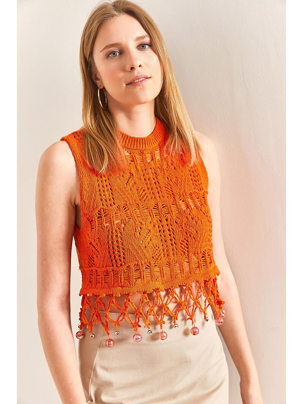 Ajurlu Saçakları Taş İşlemeli Desenli Triko Bluz - Turuncu-6