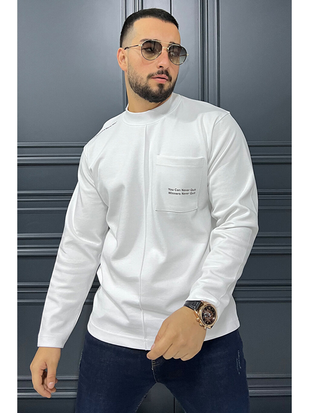 Mishar İtalia Beyaz Yazı Baskılı Cepli Double Face Erkek Sweatshirt