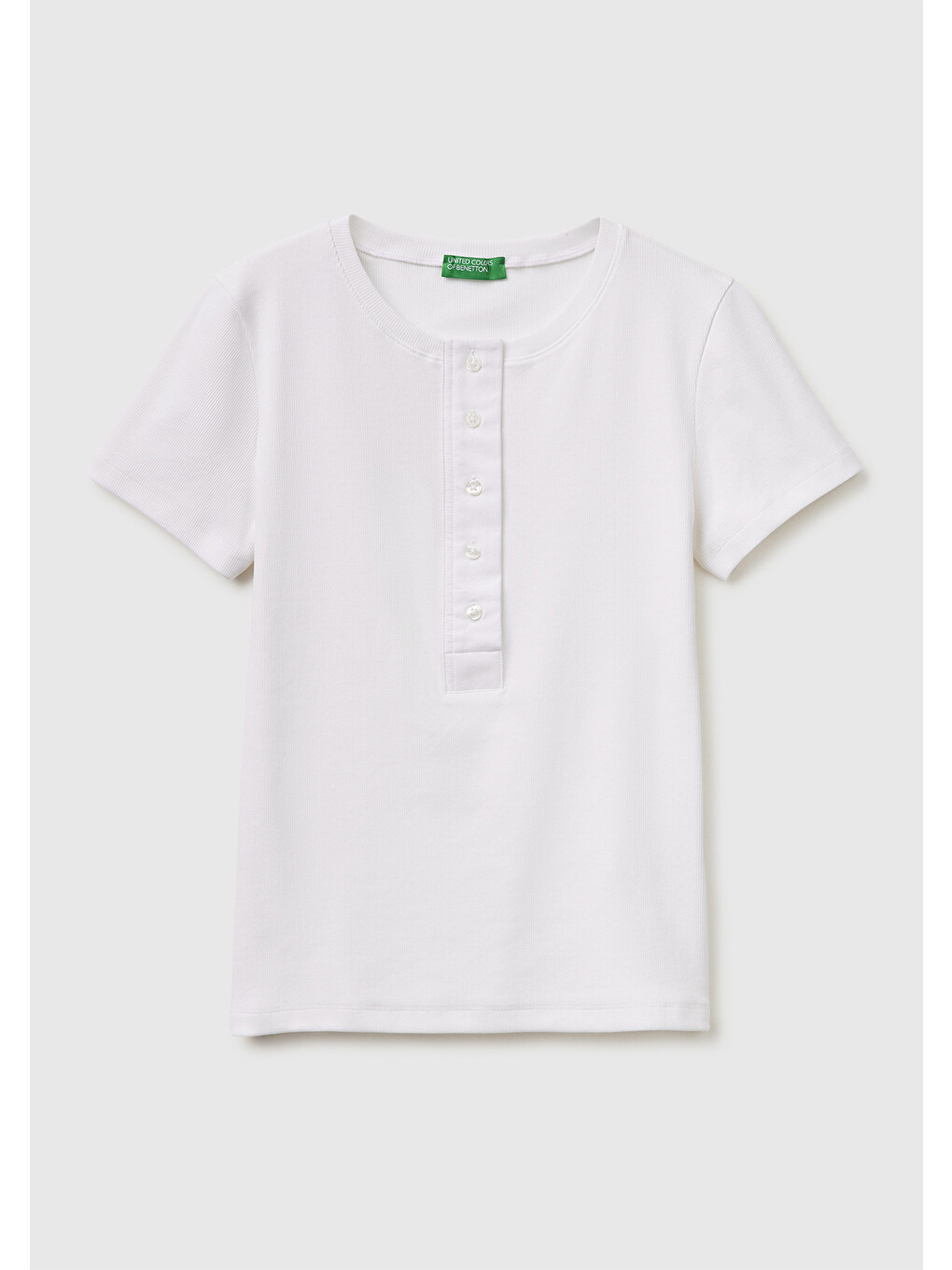 Kadın Beyaz Pamuk Karışımlı Önü Düğme Detaylı Yuvarlak Yaka T-shirt