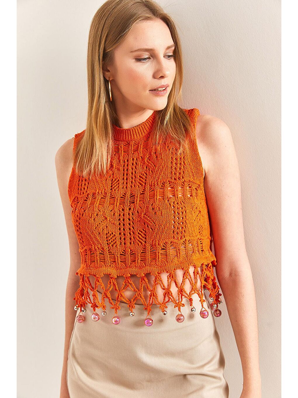 Ajurlu Saçakları Taş İşlemeli Desenli Triko Bluz - Turuncu-7