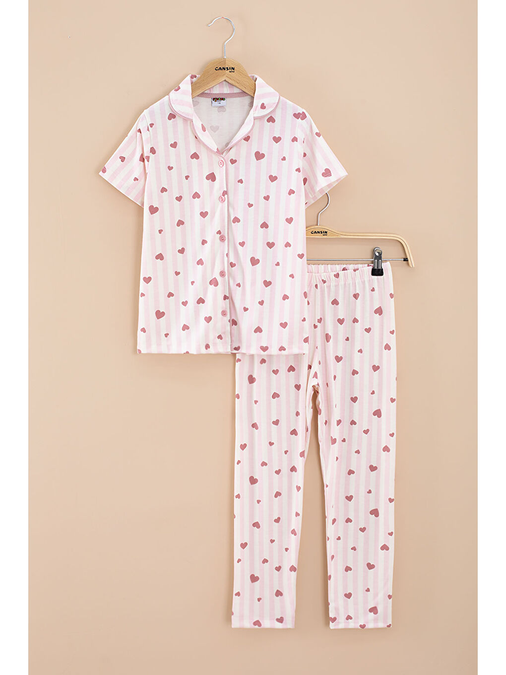 Pembe Çizgili Kalp Desenli Göz Bantlı Kız Çocuk Kısa Kol Pijama Takımı 20567
